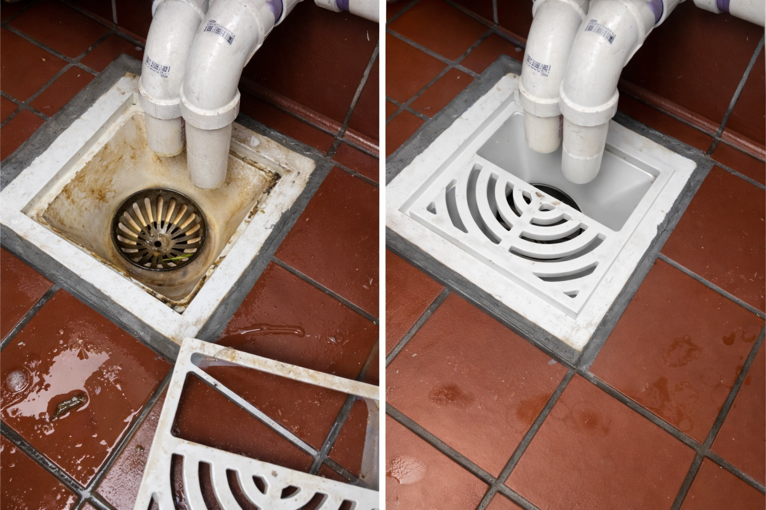 Comparison of a dirty bathroom sink drain with a rusty appearance and a clean replacement drain cover, both installed in a tiled floor.