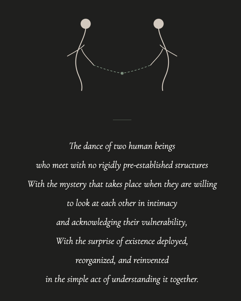 Illustration of two human stick figures connected by a dotted line, with accompanying poetic text about human connection and understanding.