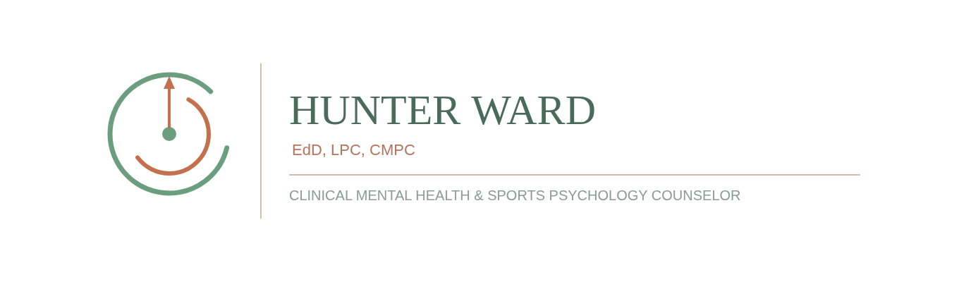 Business card for Hunter Ward, a clinical mental health and sports psychology counselor, featuring a circular logo with clock-like design.