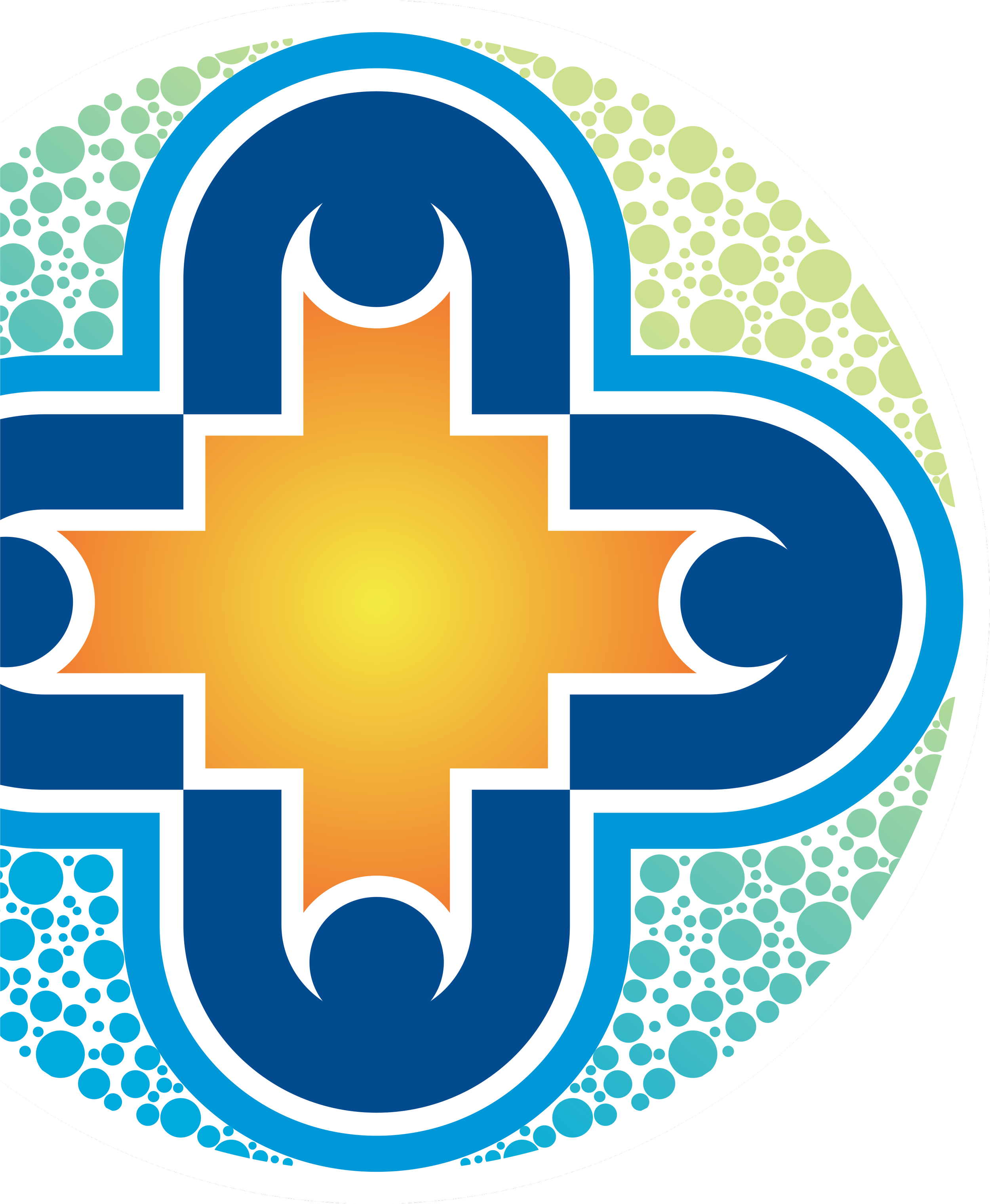 Close-up of a colorful, stylized illustration featuring a central orange cross with white outline, surrounded by concentric blue and white shapes, with a background filled with light green and blue bubbles pattern.