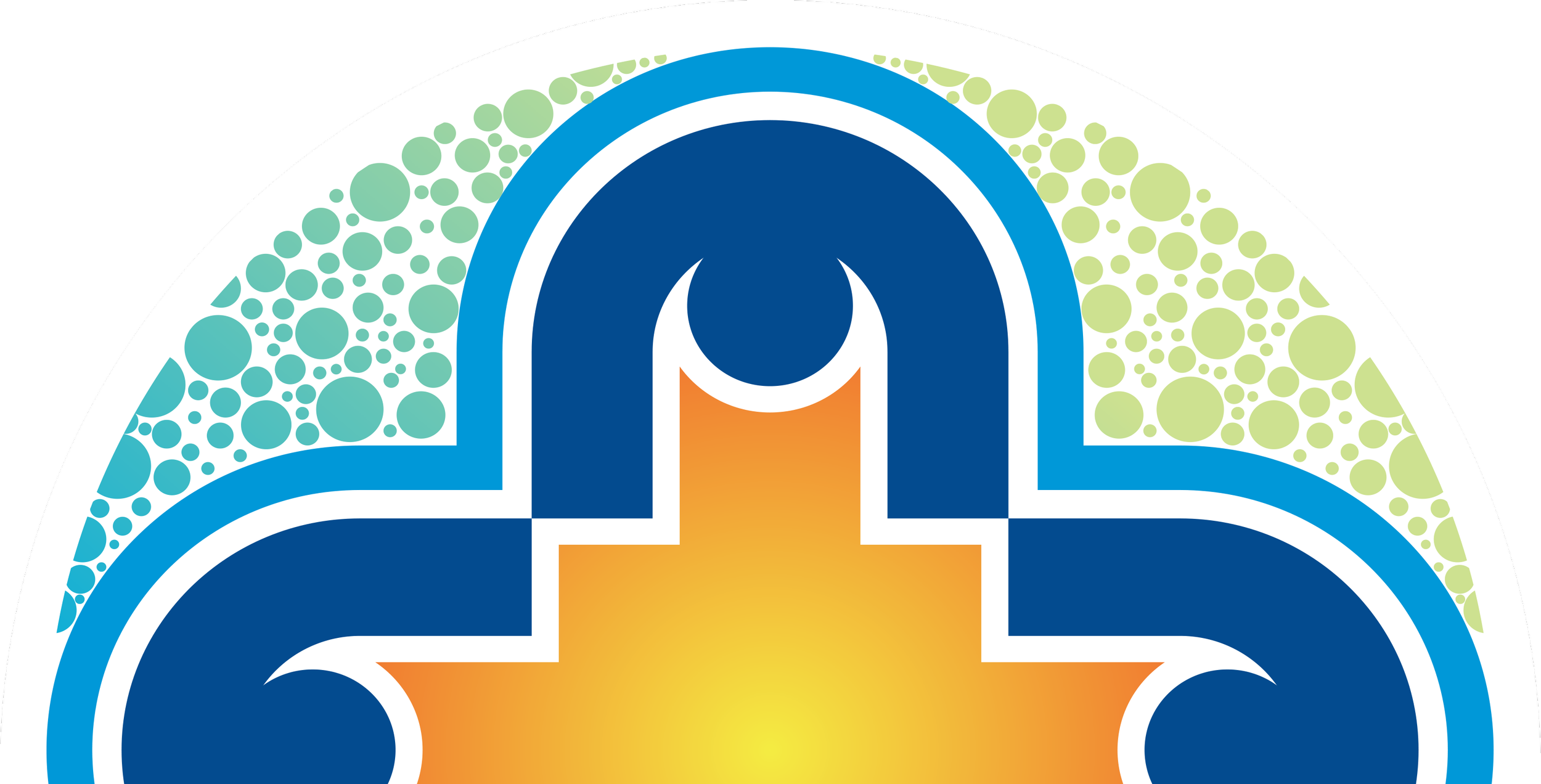 A colorful circular logo with a prominent orange and yellow cross in the center. The cross has rounded edges and is outlined with white. Surrounding the cross are blue shapes with white outlines, resembling clouds or abstract forms. The background features a pattern of numerous small circles in shades of green and blue.