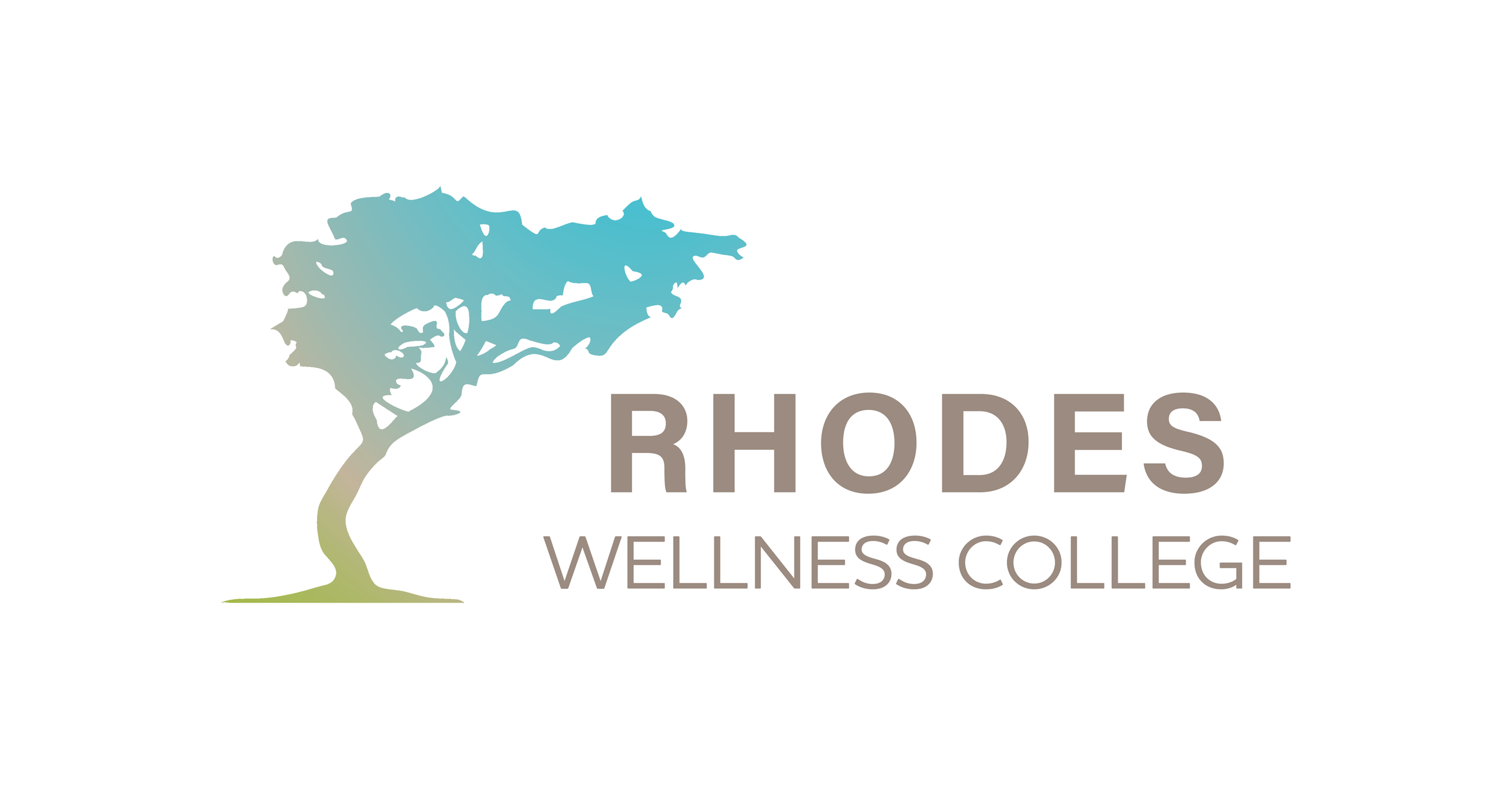 Logo for Rhodes Wellness College featuring a stylized tree with a blue and green color gradient, accompanied by the text 'Rhodes Wellness College' in large and small font.