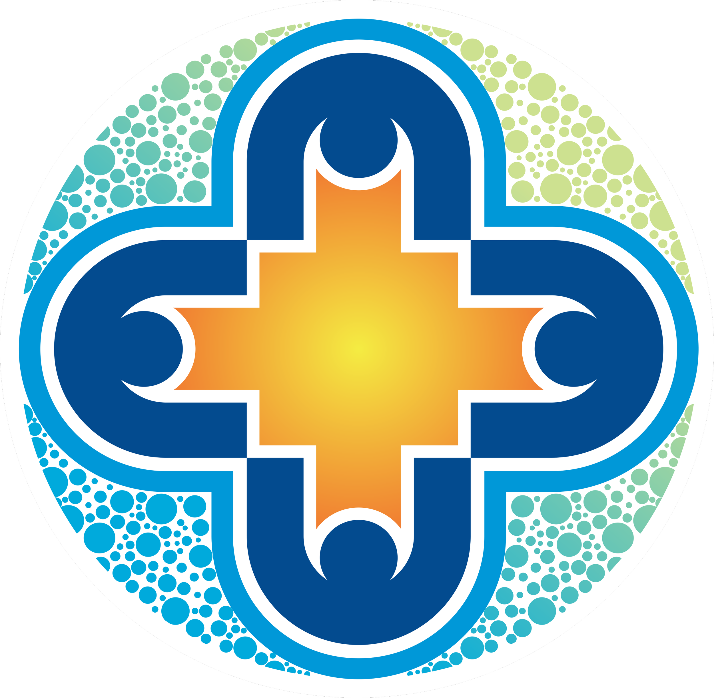 Close-up of a colorful, stylized illustration featuring a central orange cross with white outline, surrounded by concentric blue and white shapes, with a background filled with light green and blue bubbles pattern.