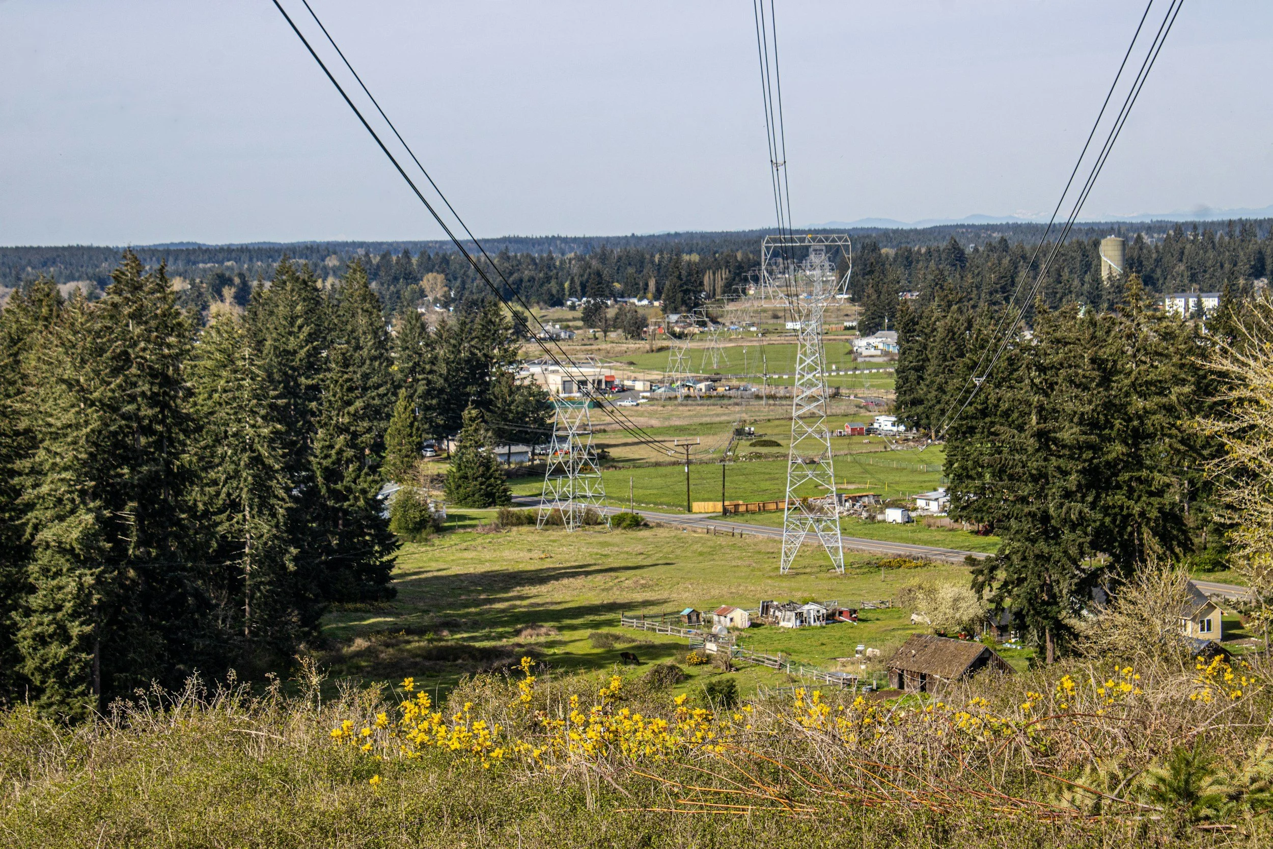 A rural landscape with power lines and tall electrical towers stretching into the distance, surrounded by green fields, trees, and small buildings, under a partly cloudy sky.