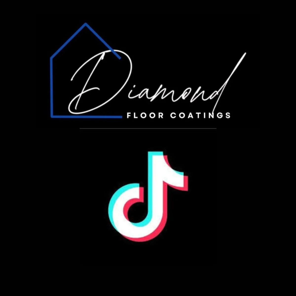 Logo for Diamond Floor Coatings featuring a stylized house outline, the company name in cursive, and the TikTok logo below on a black background.