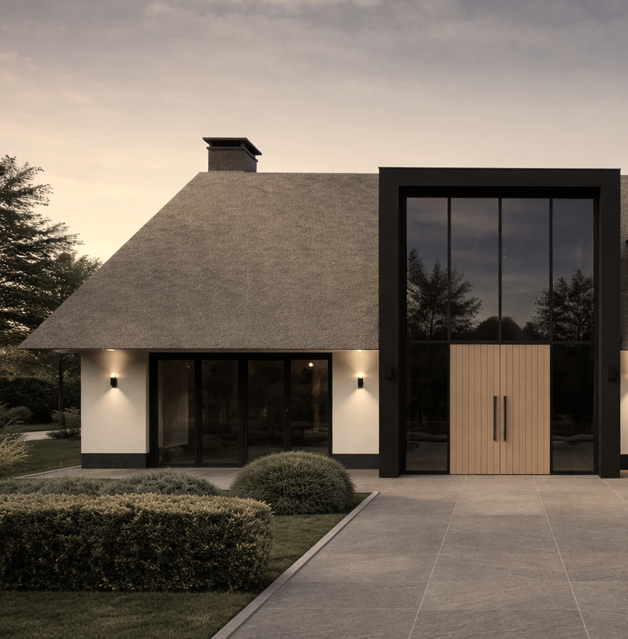 Moderne woning met grote glazen voordeur en ramen, omgeven door een goed onderhouden tuin met struiken, bij zonsondergang.