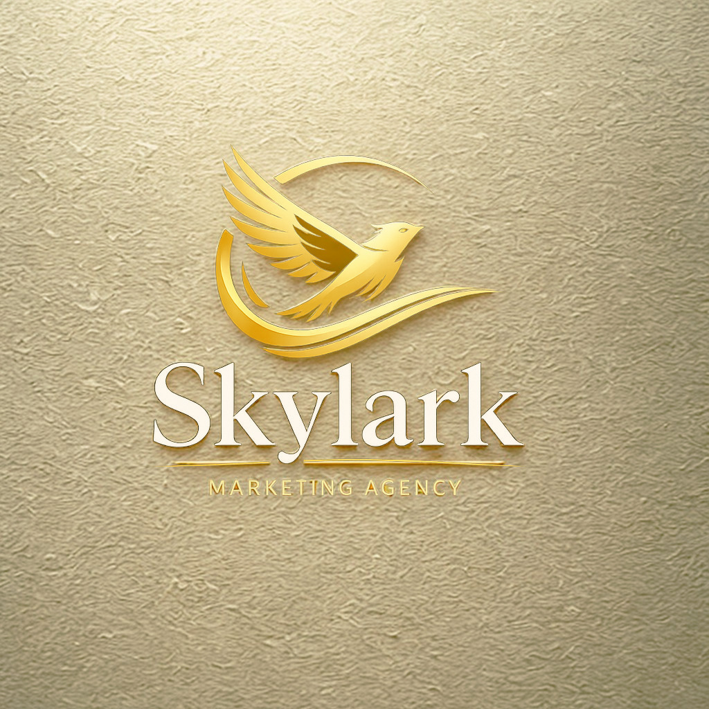 Gold logo of a flying bird above the text "Skylark Marketing Agency" on a textured beige background.