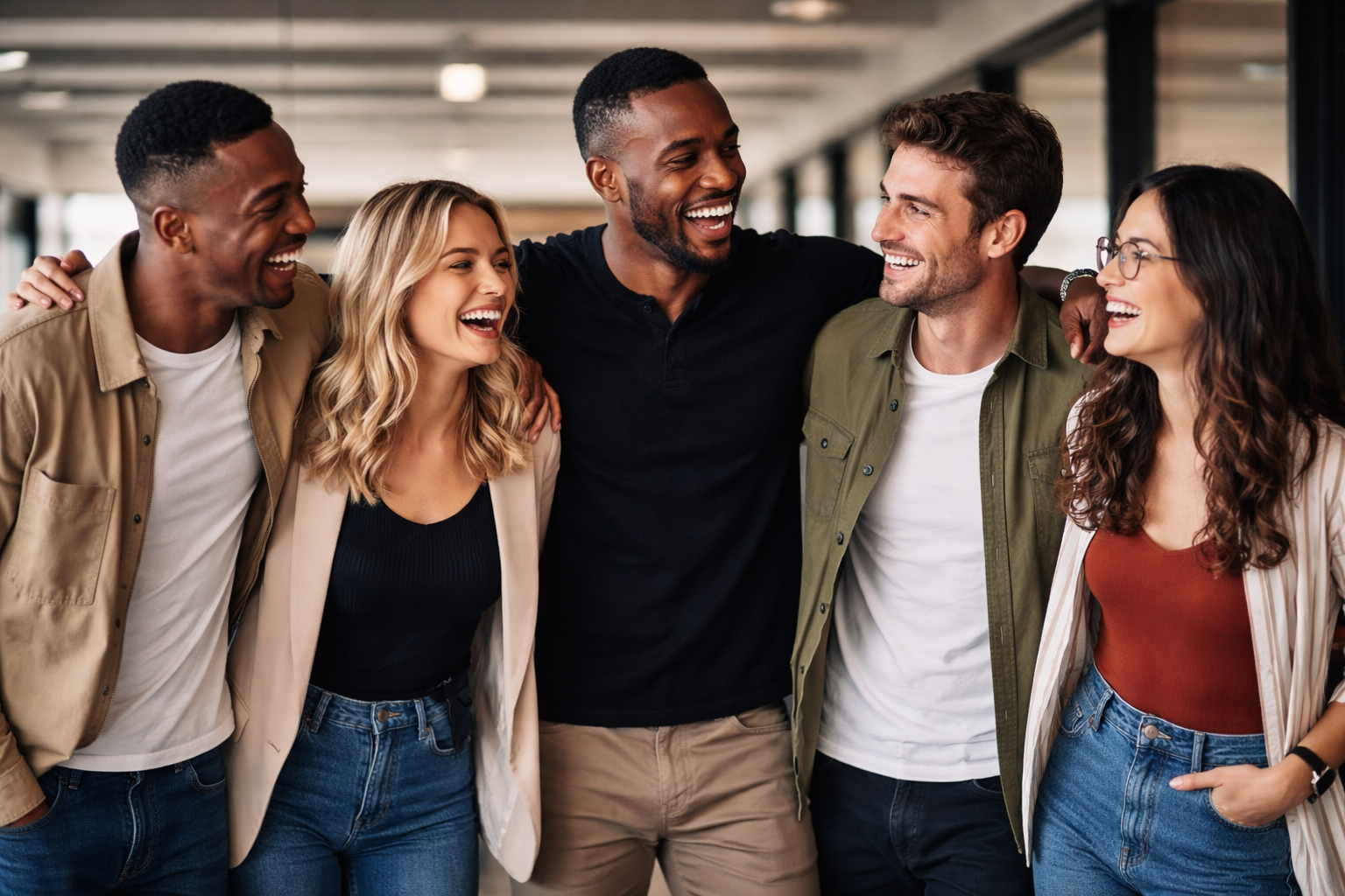 A group of five friends with diverse ethnicities, smiling and enjoying each other's company in an indoor setting.