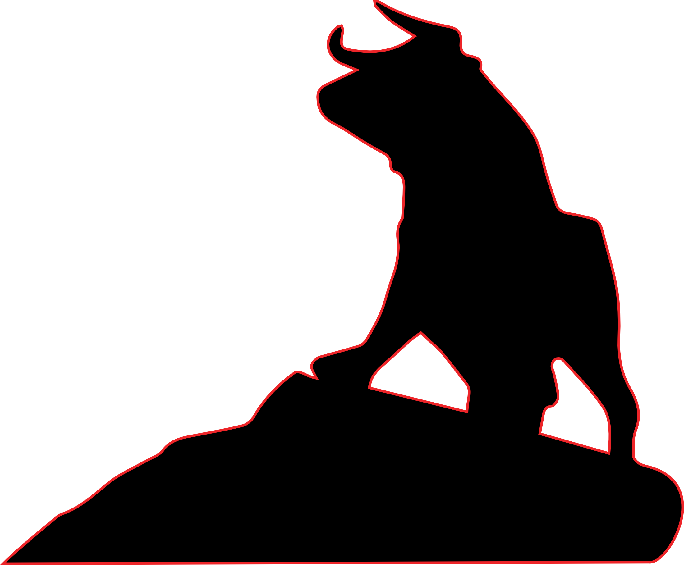 Line drawing of a woman in profile with long hair, with red outline details, set against a black background