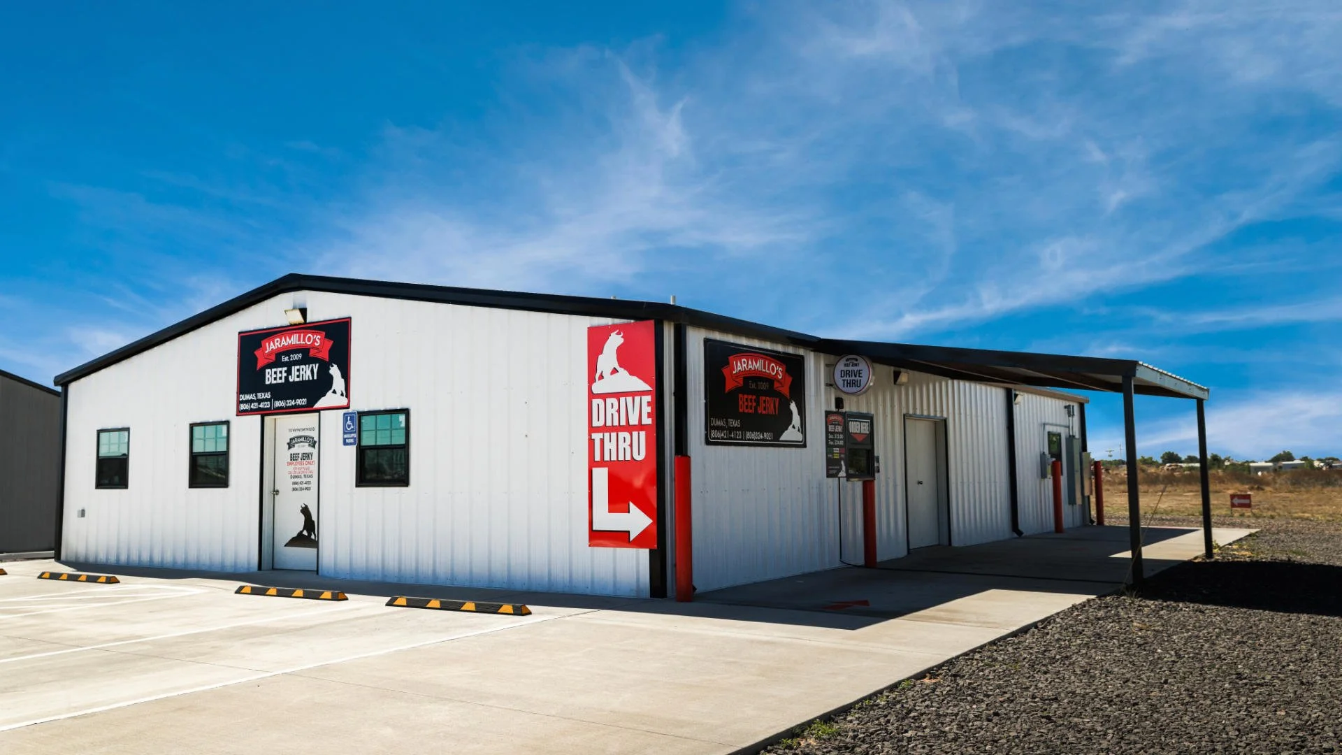 Jaramillo’s Beef Jerky storefront with drive-thru ordering.