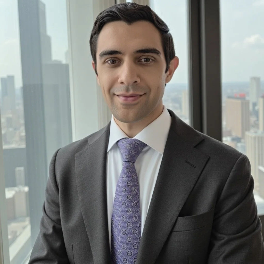 A young man in a business suit with a purple tie, standing in an office with large windows showing a cityscape background.