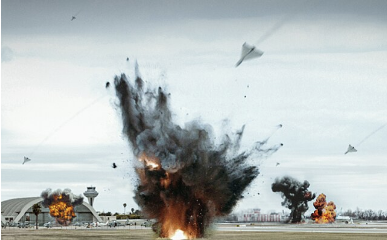 Rendition of Iran's Shahed-136 drones swarming an airport (Source: Wikimedia Commons)