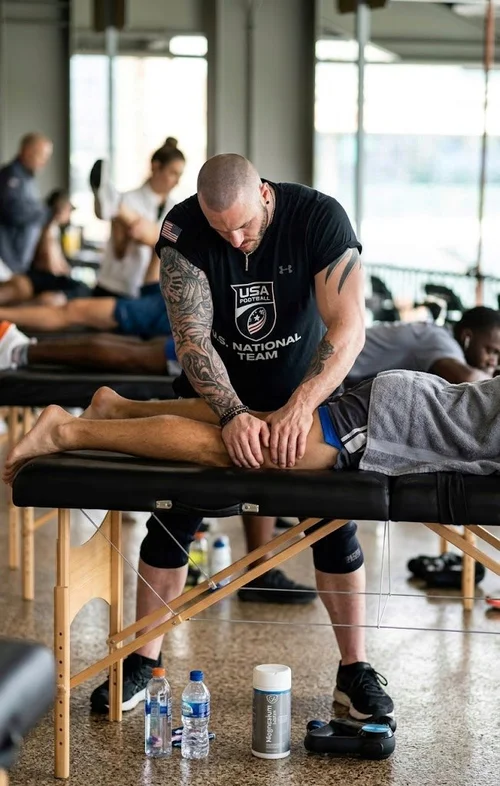 The Muscle Hippie performing sports massage for the U.S. National Football Team