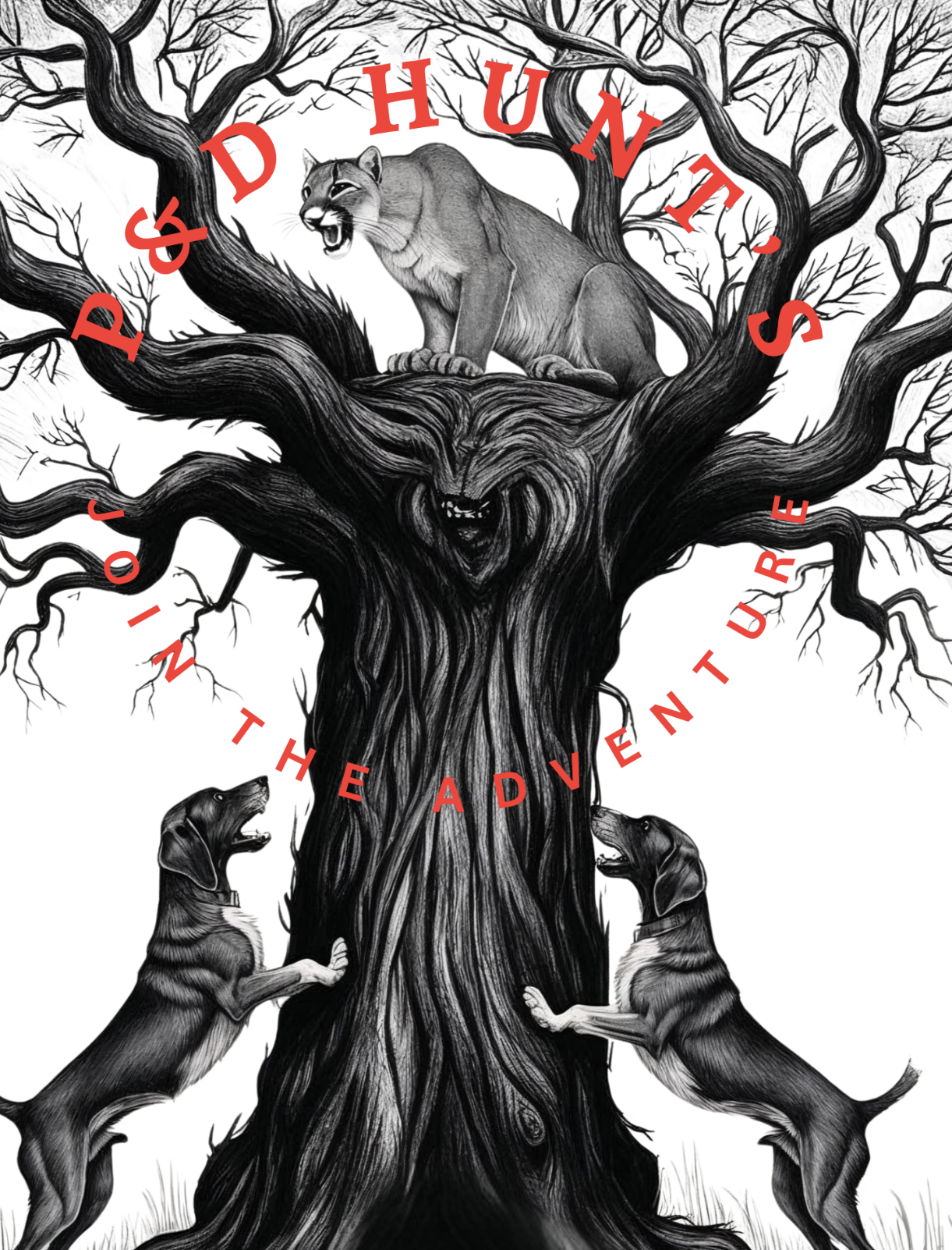 Illustration of a large, leafless tree with a snarling face, a mountain lion on a branch at the top, and two dogs at the base barking up.