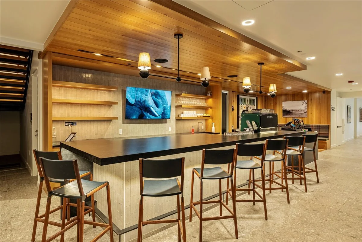 Interior of a modern bar with a wooden ceiling and wall panels, a large black countertop, bar stools with wooden legs and black seats, a mounted TV showing an elephant, and shelves with glassware and decorations.