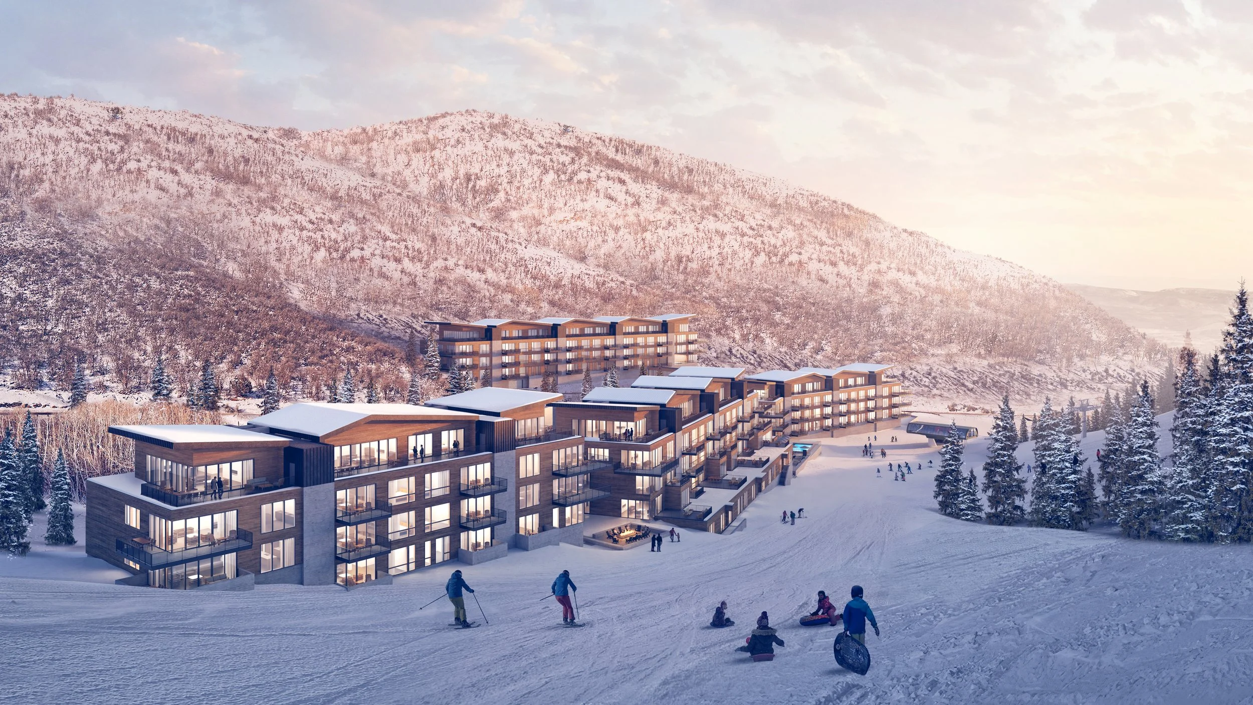 Modern mountain resort buildings in a snowy landscape with skiers and snowboarders, surrounded by snow-covered trees and mountains at sunset.