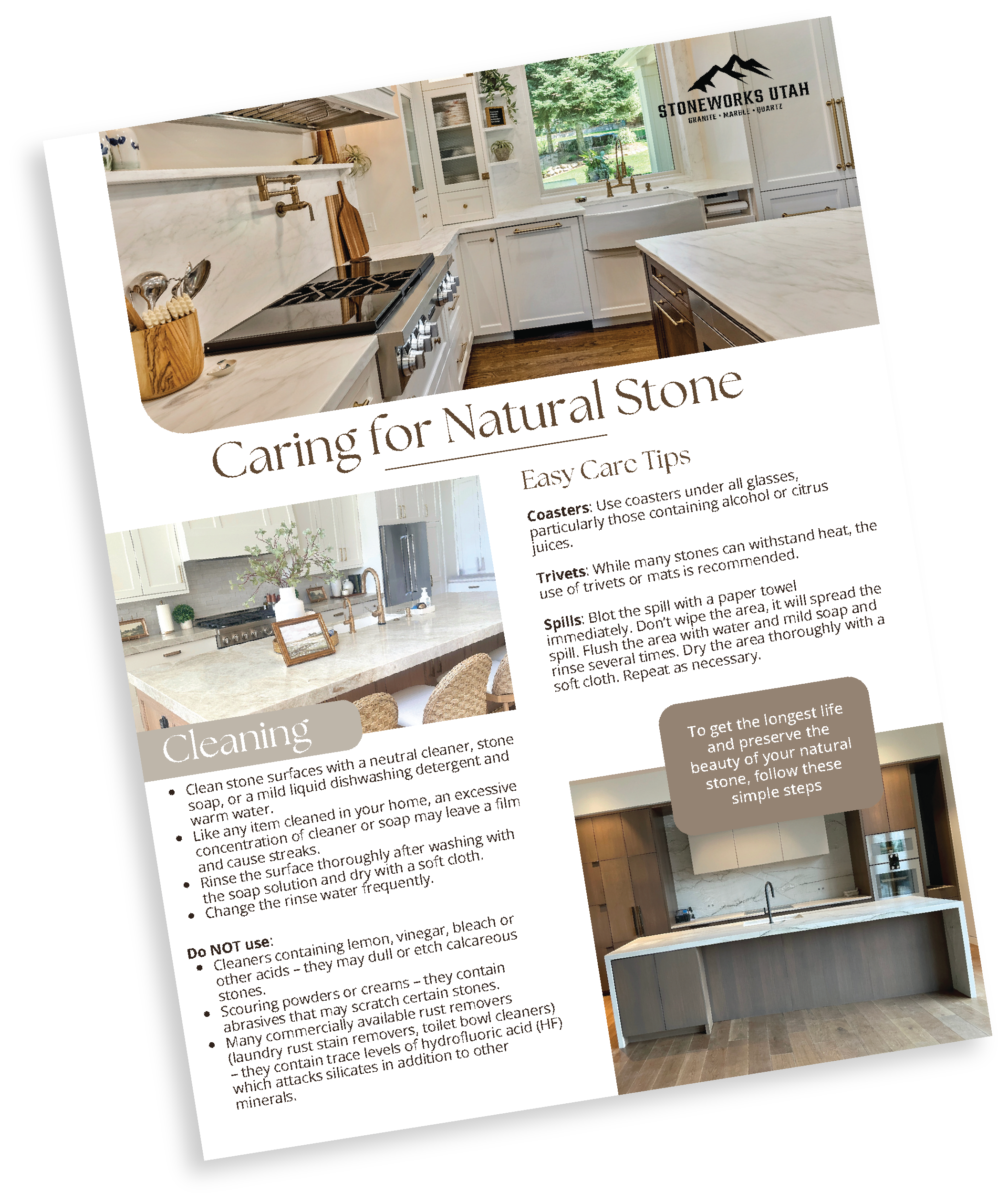 A kitchen with white cabinets, marble countertops, a window, and a stove, advertising natural stone maintenance and cleaning tips from Stoneworks Utah.