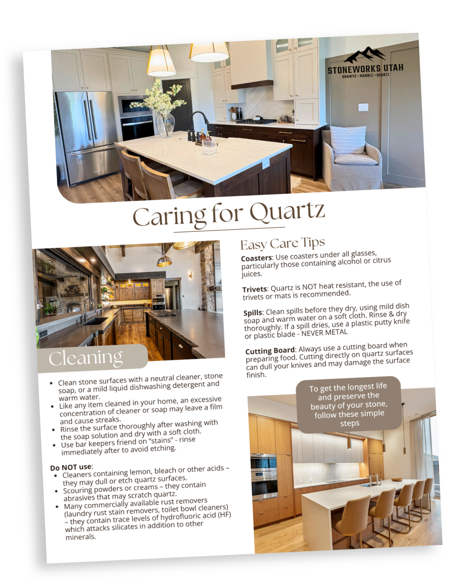 Interior of a modern kitchen with a large marble-topped island, beige cabinets, a stainless steel refrigerator, and a dining area with wooden chairs and a kitchen table.
