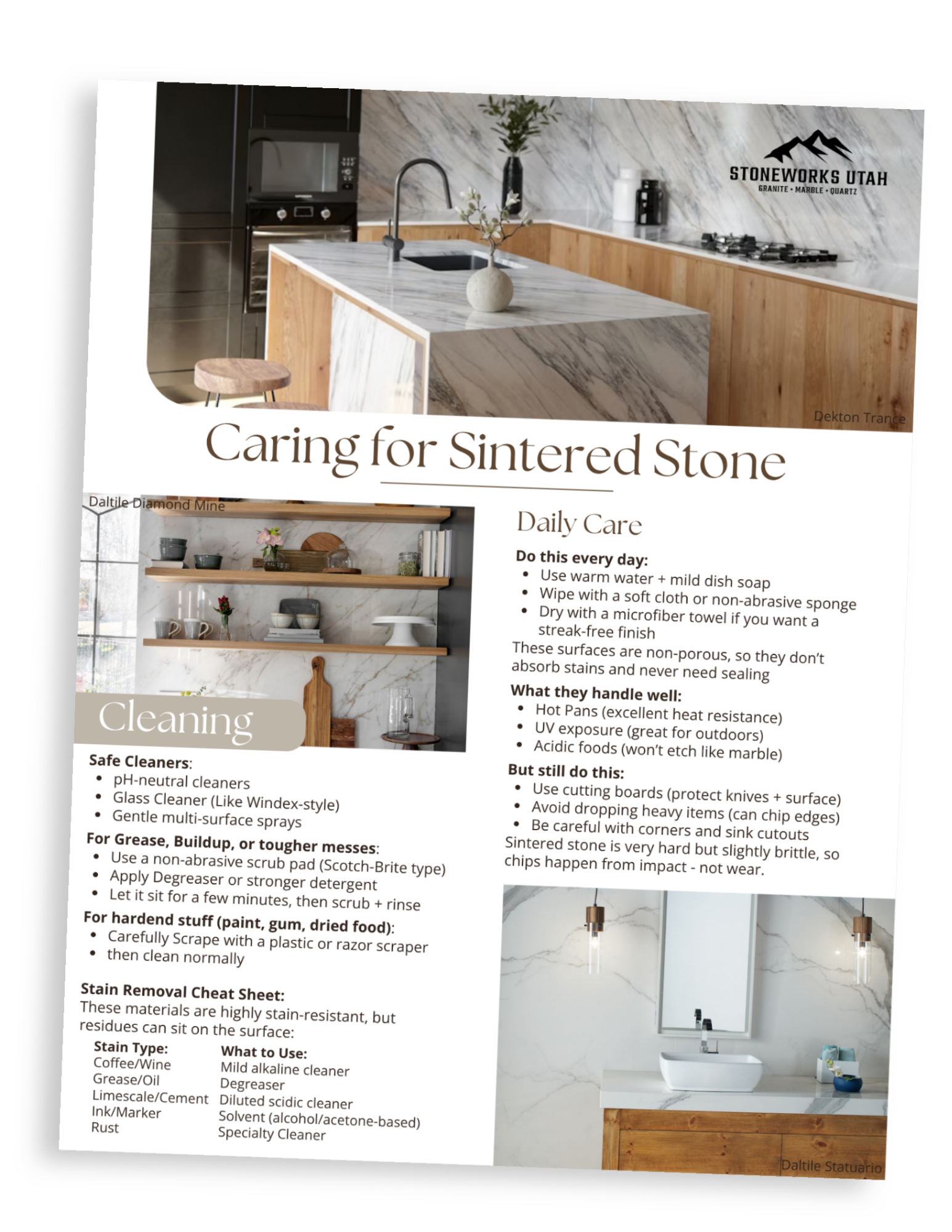 A brochure about caring for sintered stone surfaces, featuring images of a modern kitchen with marble countertops and a sink, and text describing cleaning tips, stain removal, and durability for countertop maintenance.