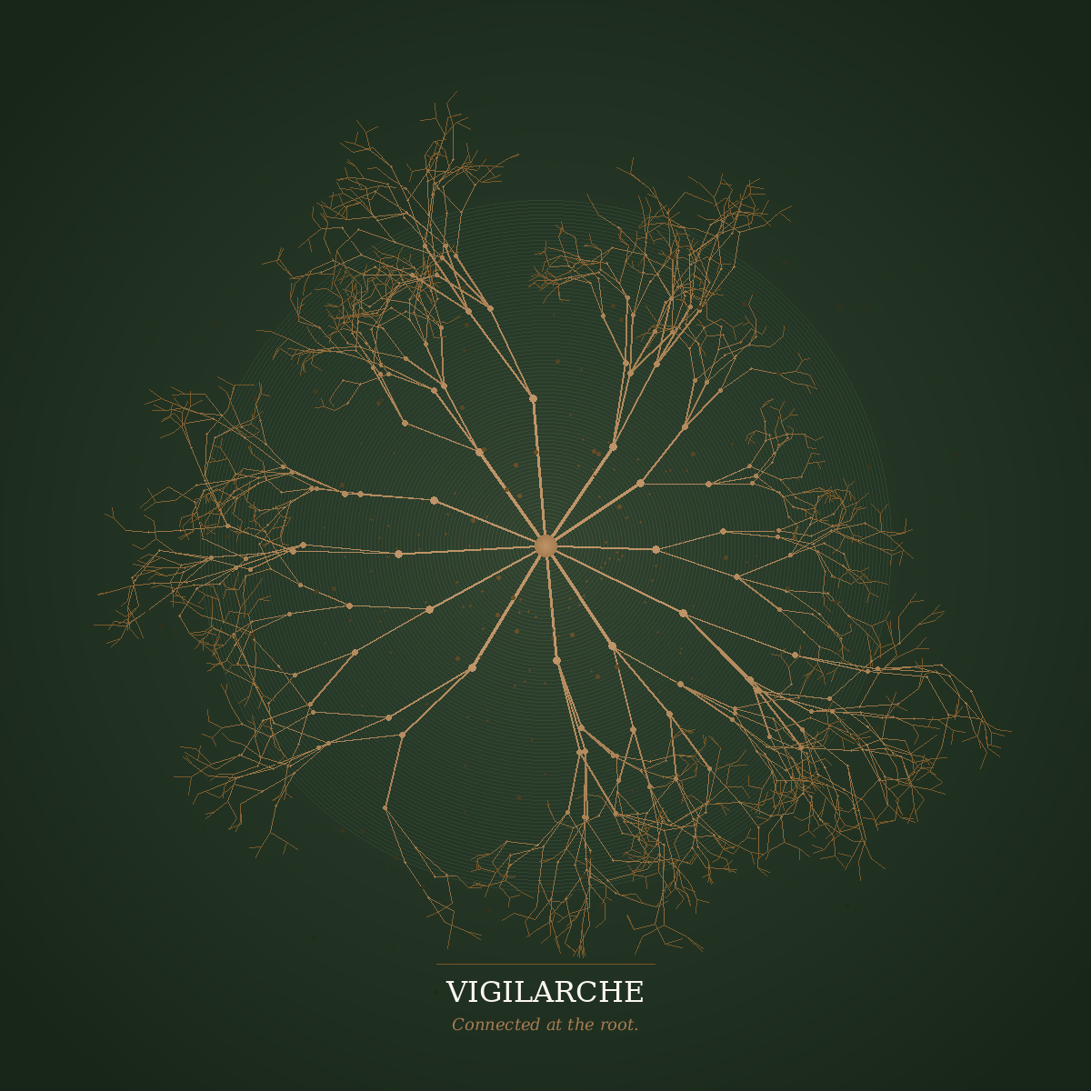 A digital illustration of a symmetrical tree structure with interconnected branches against a dark green background. The lower part of the image contains text that reads 'VIGILARCHE' with a subtitle 'Connected at the root.'.