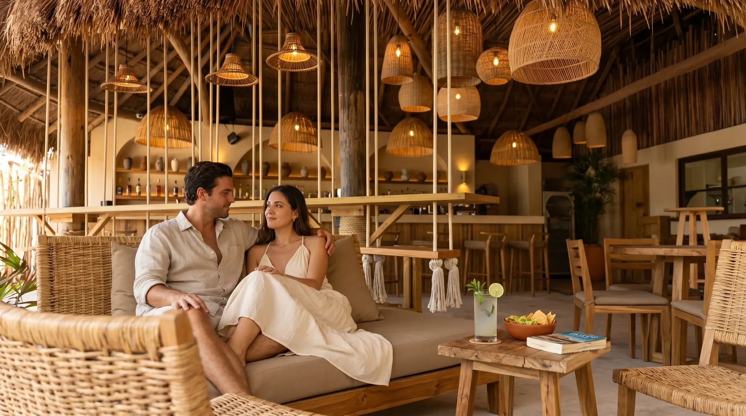 Couple relaxing at a beach club in Playa del Carmen near the Caribbean Sea.