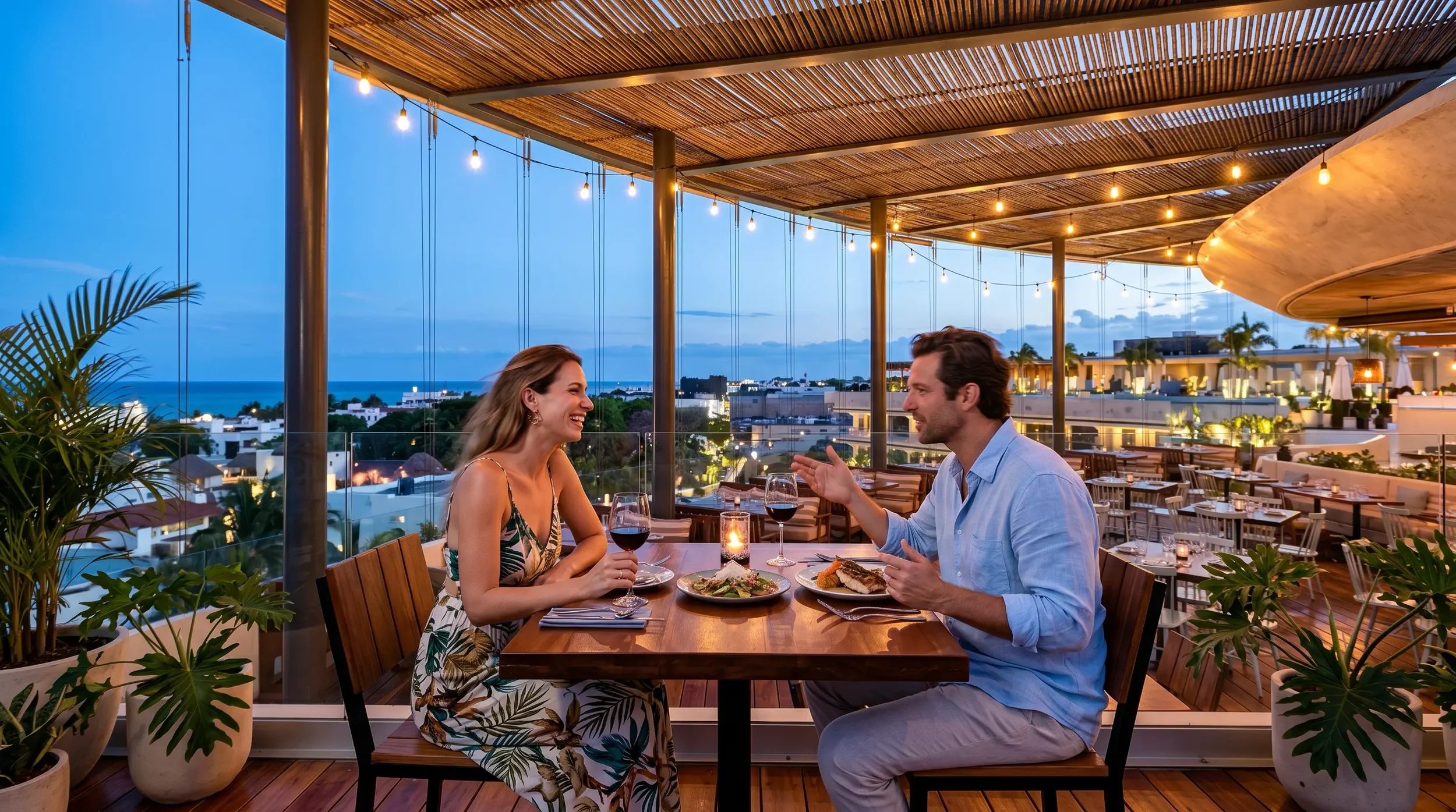 Rooftop dinner table for two in Playa del Carmen with soft evening light.