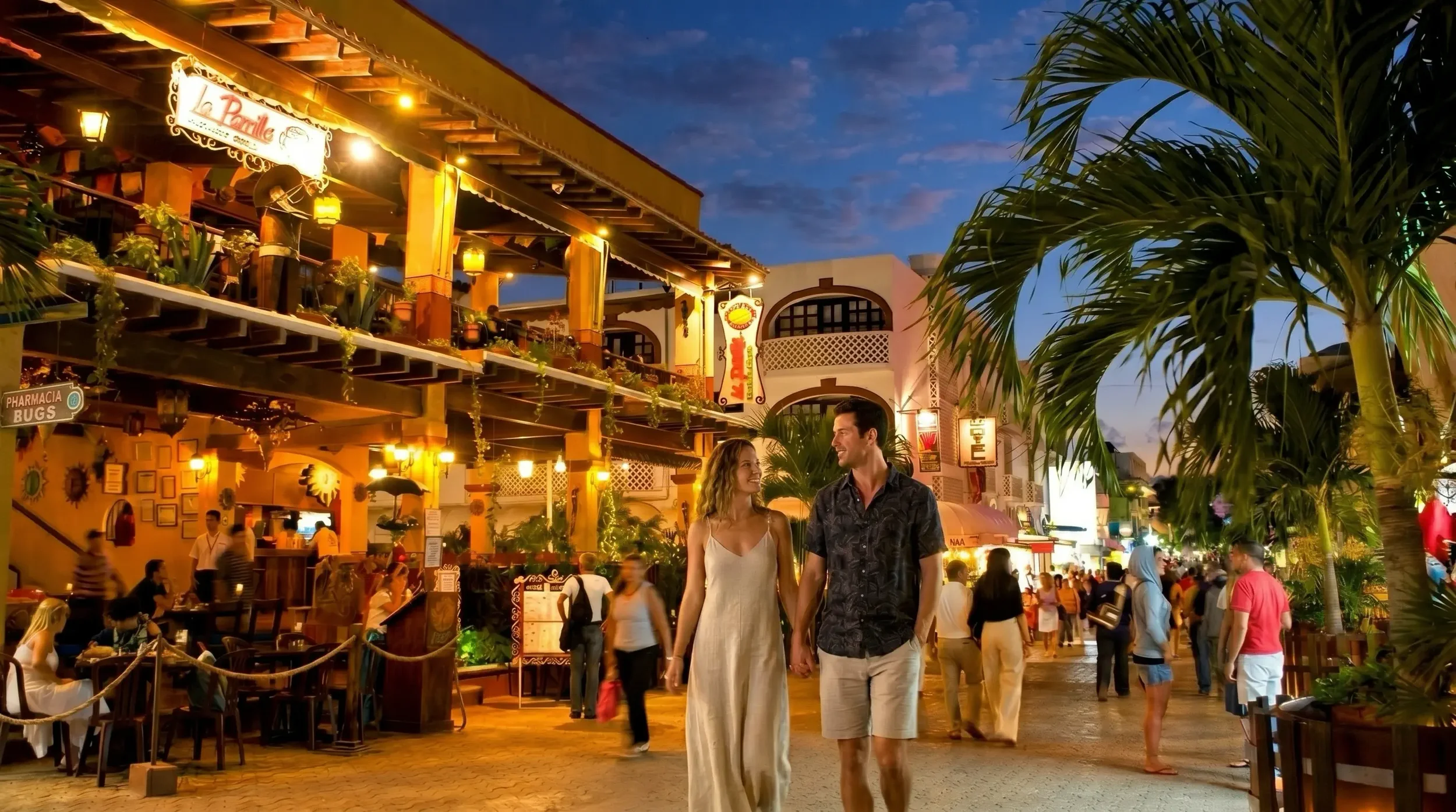 Couple walking along 5th Avenue in Playa del Carmen during the evening