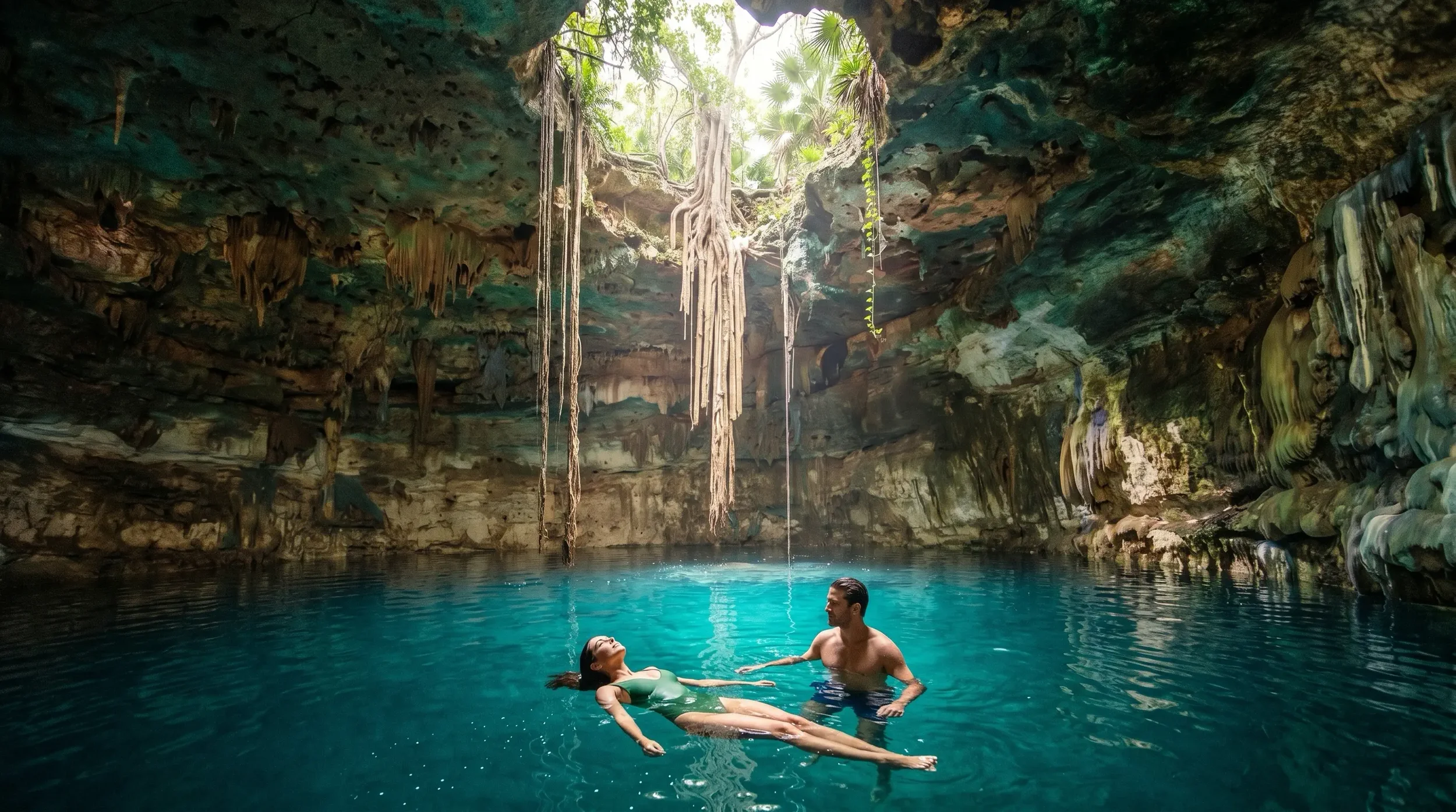 Couple swimming in a peaceful cenote near Playa del Carmen.
