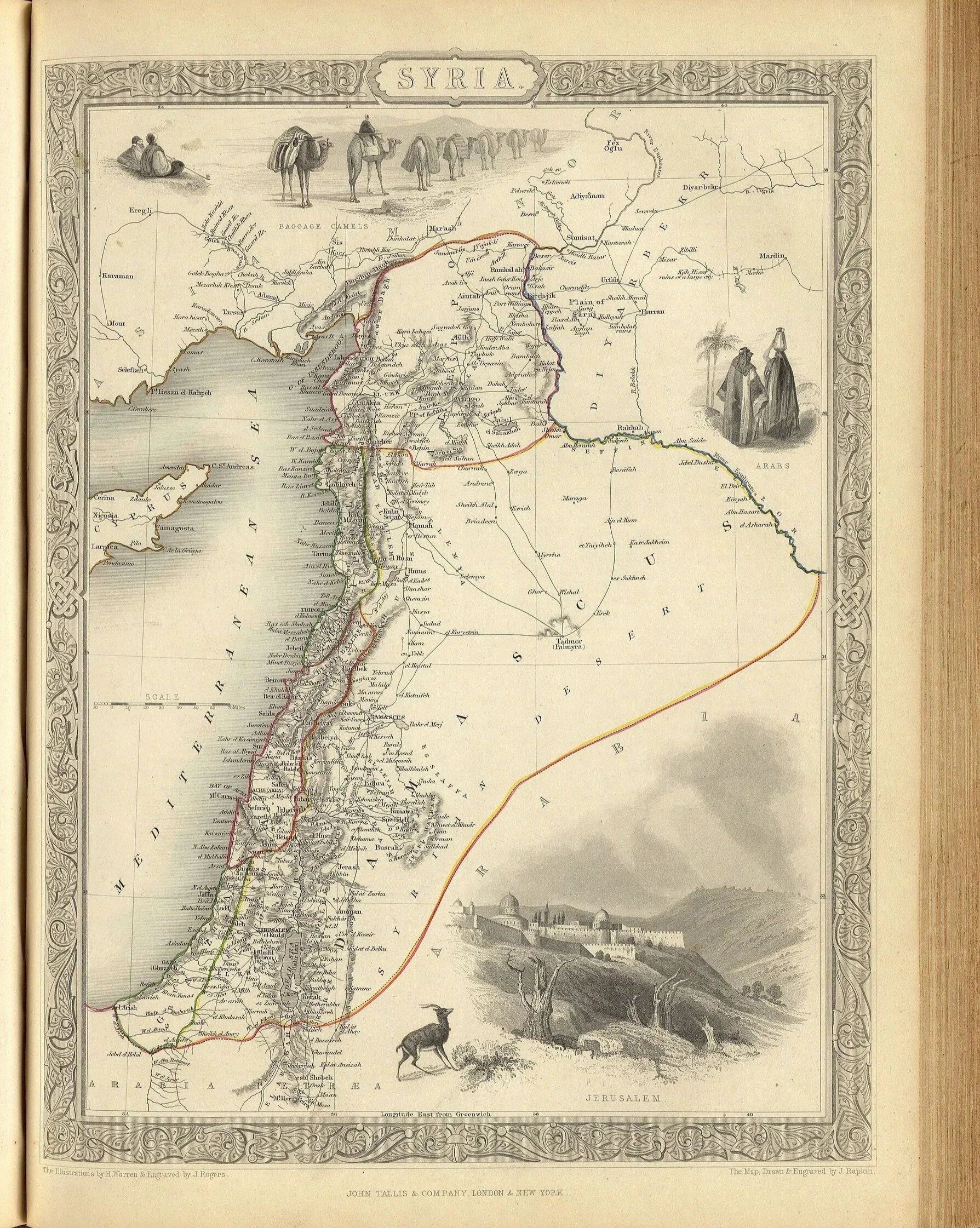 Historical map of Syria with illustrations of camels, Arab people, and a fortress. Decorative border and landscape scene at the bottom.