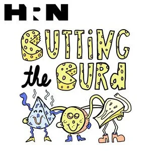 Hand drawn text spelling "Cutting the Curd" in the shape of cheese. Under the words it features a cartoon cheese characters.