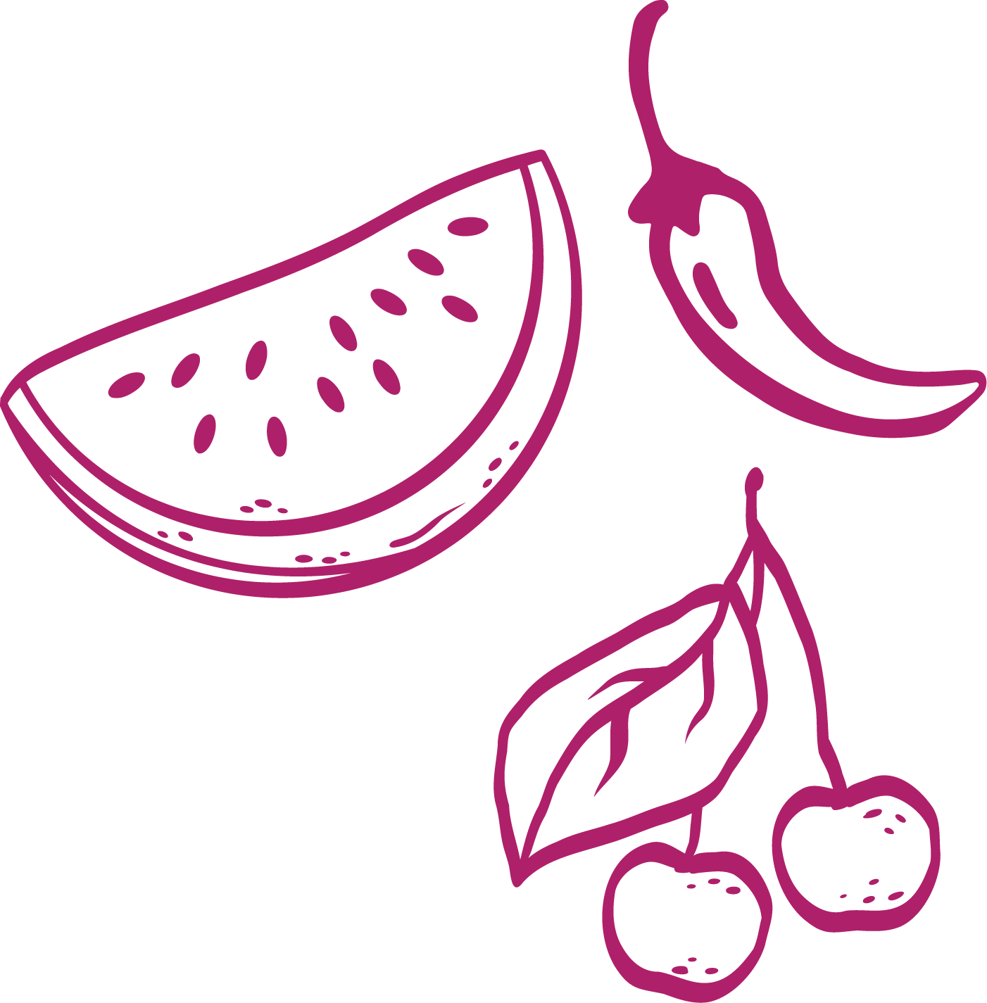 Outline drawing of a cherry, slice of watermelon, and aleppo pepper, all depicted in purple.