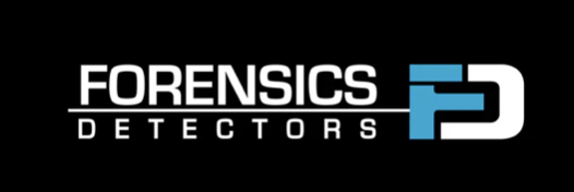 Forensics Detectors logo with black background and white, blue, and black text.