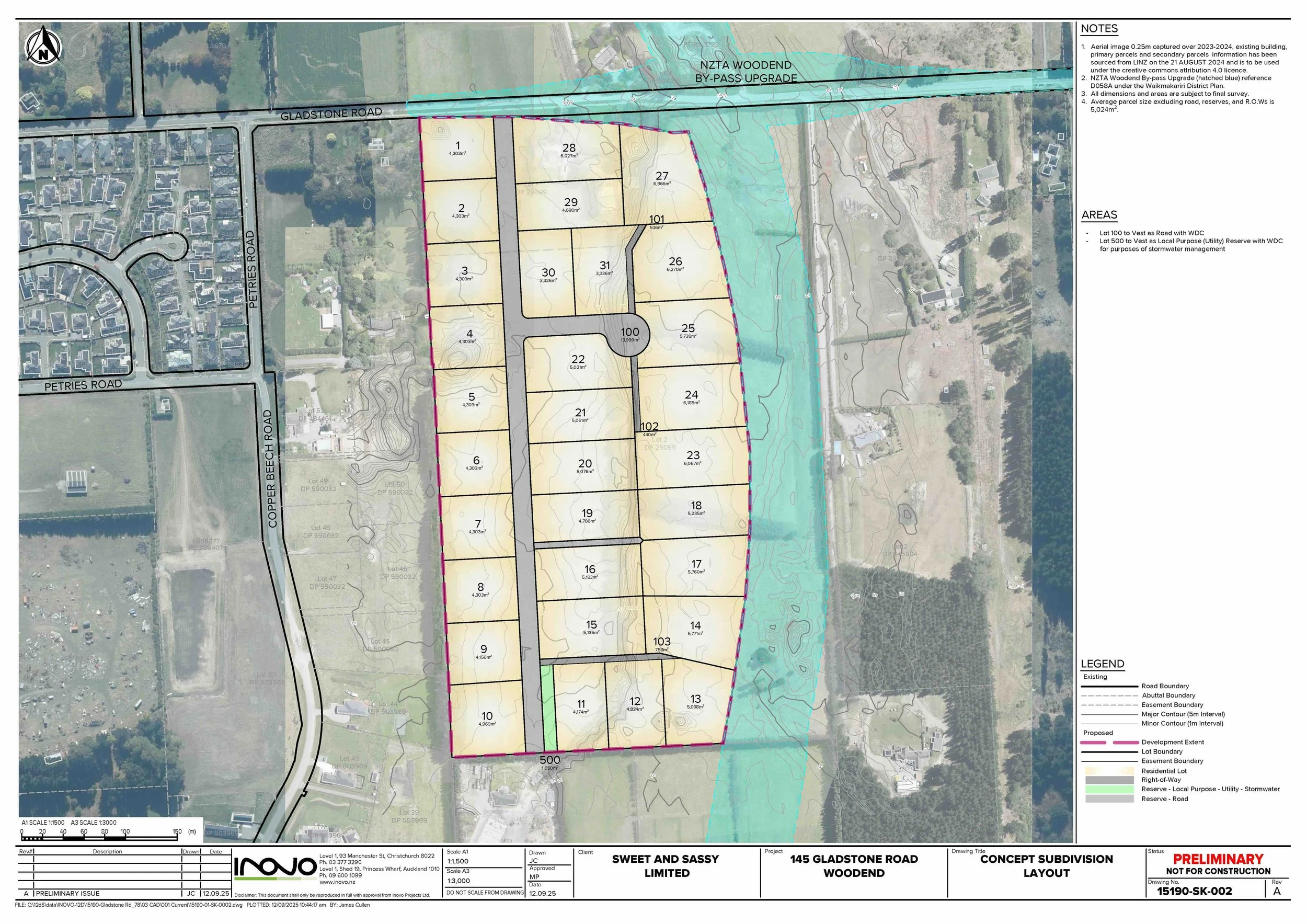 A detailed conceptual subdivision layout for 145 Gladstone Road, Woodend, showing lot boundaries, road layout, and environmental features like streams, with labels and legends for existing and proposed features.