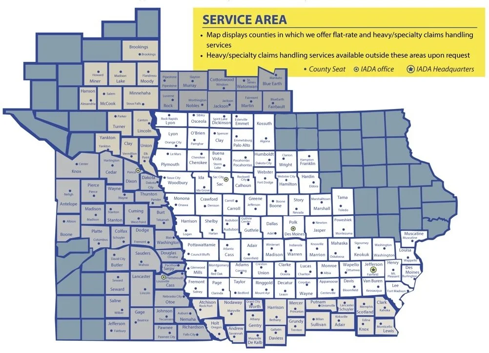 A map of Iowa counties highlighting the service area for claims handling, with a yellow box in the top right corner. The box contains instructions and information about the service area, including counties served and notes on outside service availability.