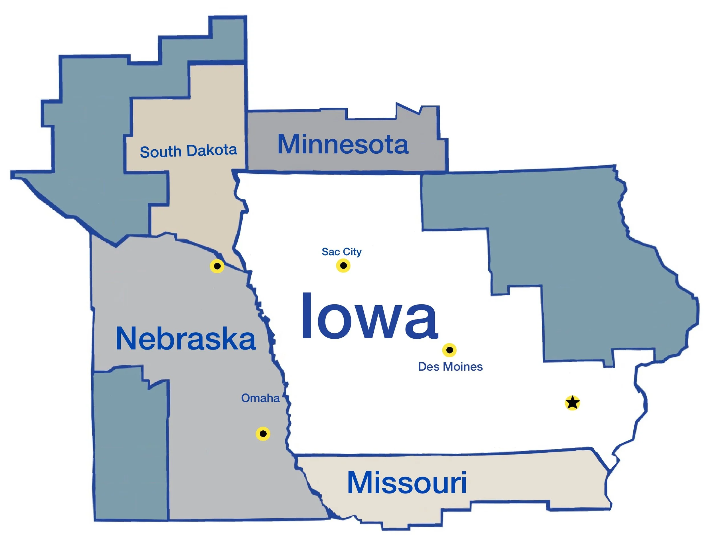 A map showing the states of South Dakota, Minnesota, Nebraska, Iowa, Missouri, and parts of surrounding states, with yellow dots marking specific locations.