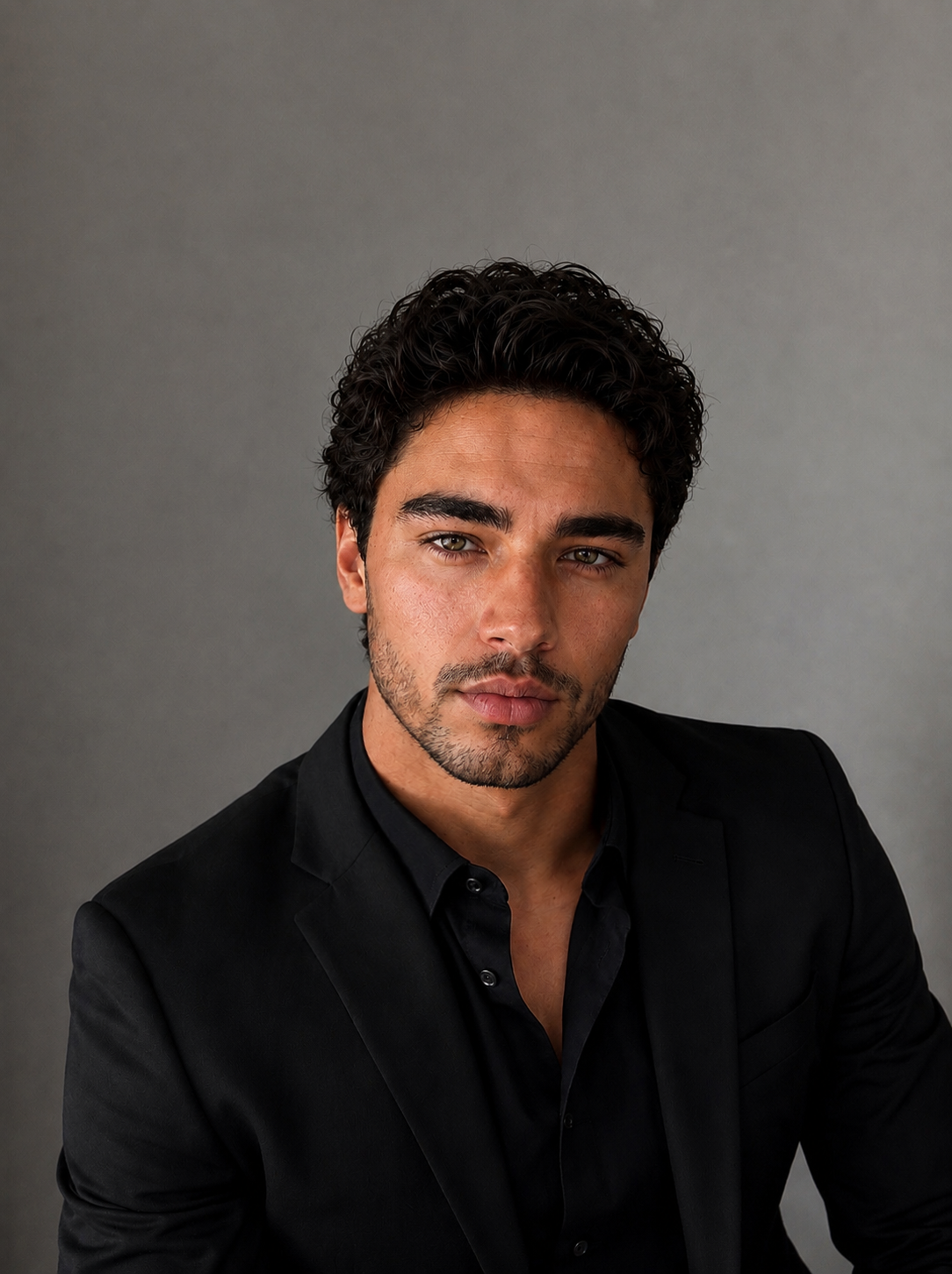 A young man with dark curly hair and light brown eyes, wearing a black blazer and black shirt, posing against a gray background.