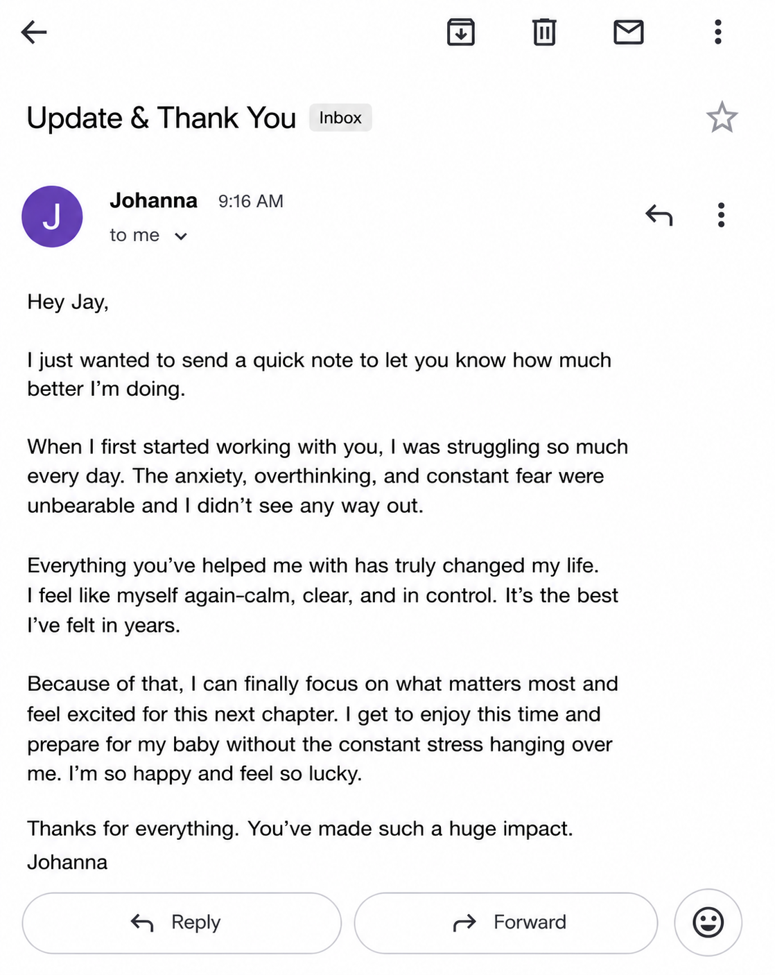 Email inbox with a message from Johanna addressing Jay, expressing gratitude for support and sharing personal progress.