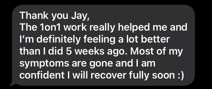 Text message expressing gratitude to Jay for 1on1 work helping improve health and confidence.