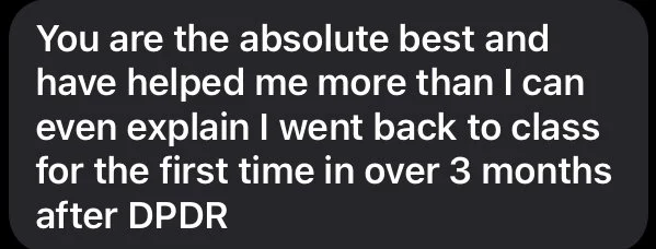 A message in a black chat bubble expressing gratitude and admiration for someone, mentioning that they helped more than words can say, and noting returning to class after three months post-DPDR.