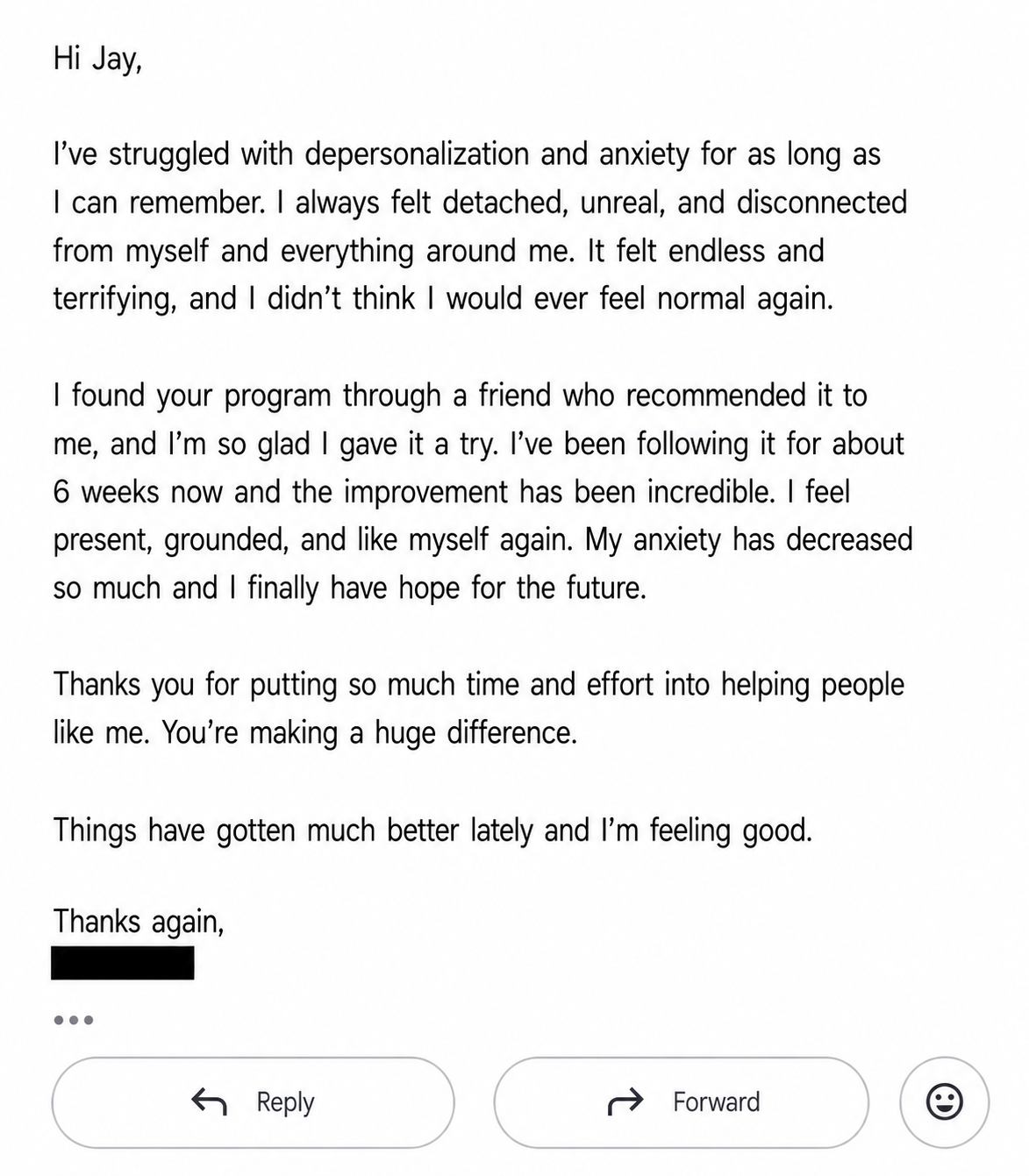 A letter of appreciation thanking someone for their help with mental health improvement through a program, mentioning decreased anxiety and increased well-being after about six weeks.