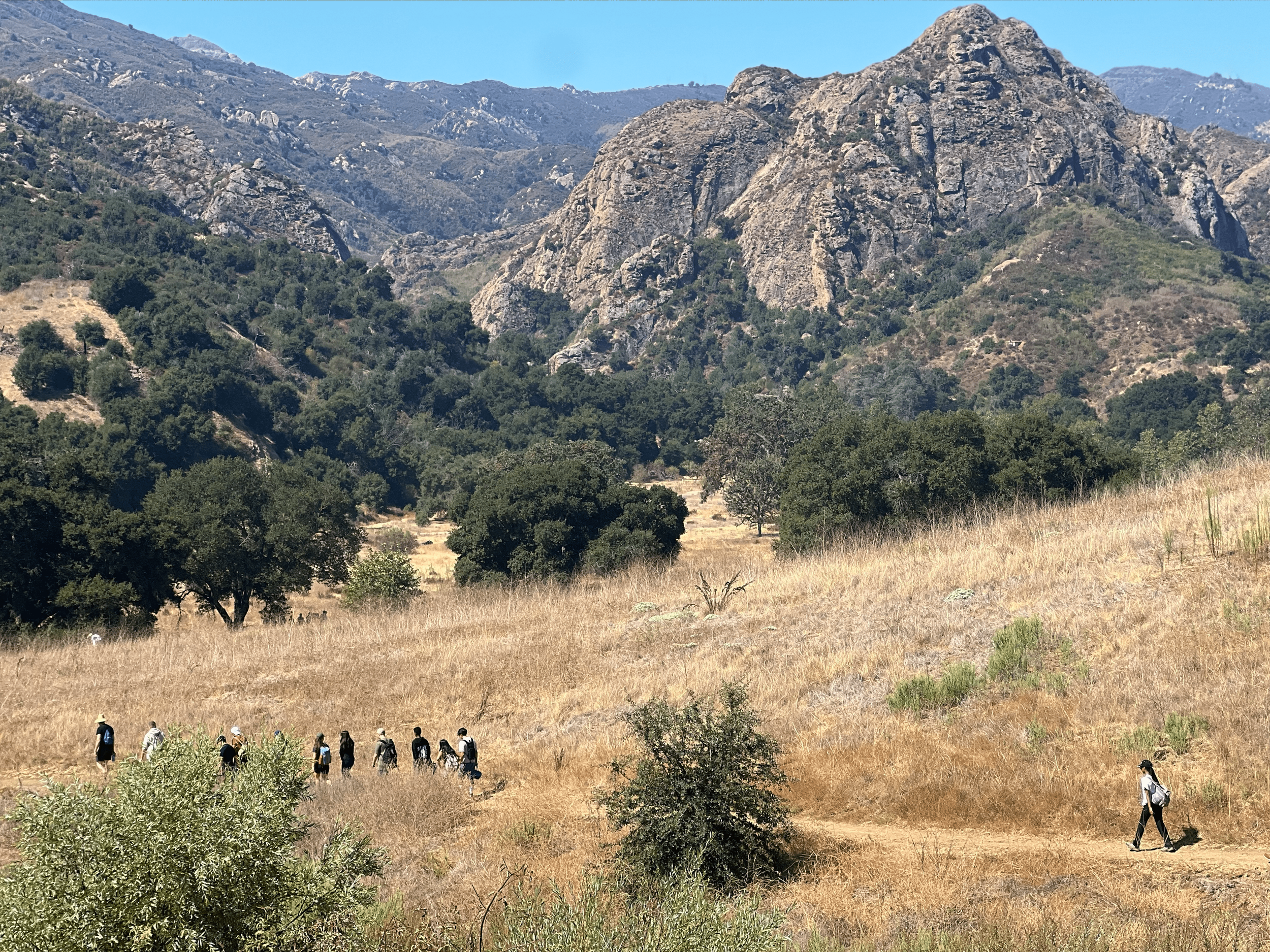 Hikers walking along a trail in a dry, grassy field surrounded by trees with mountains in the background under a clear blue sky.