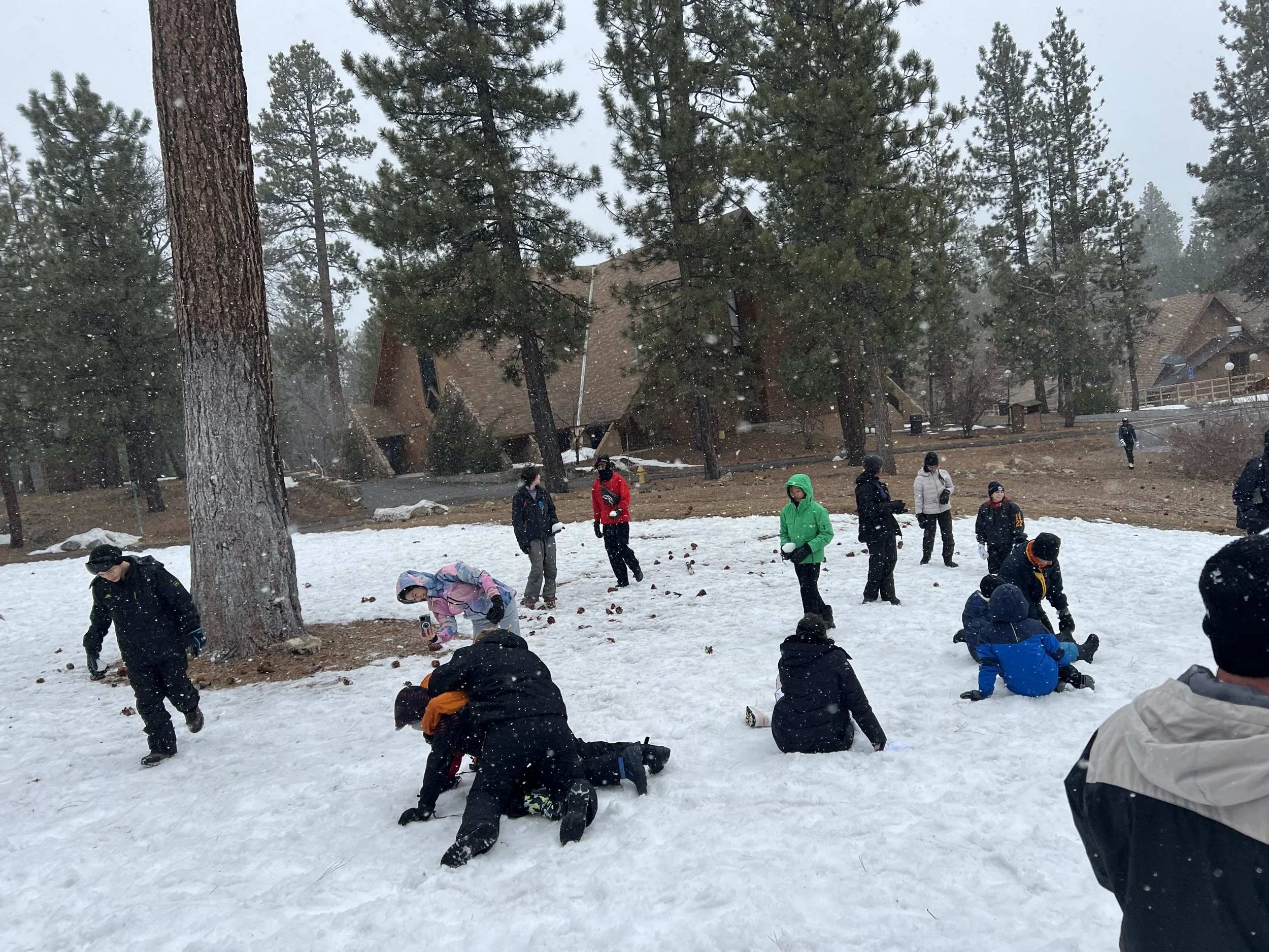 People playing and gathering on a snowy field surrounded by trees and houses during a snowy weather.