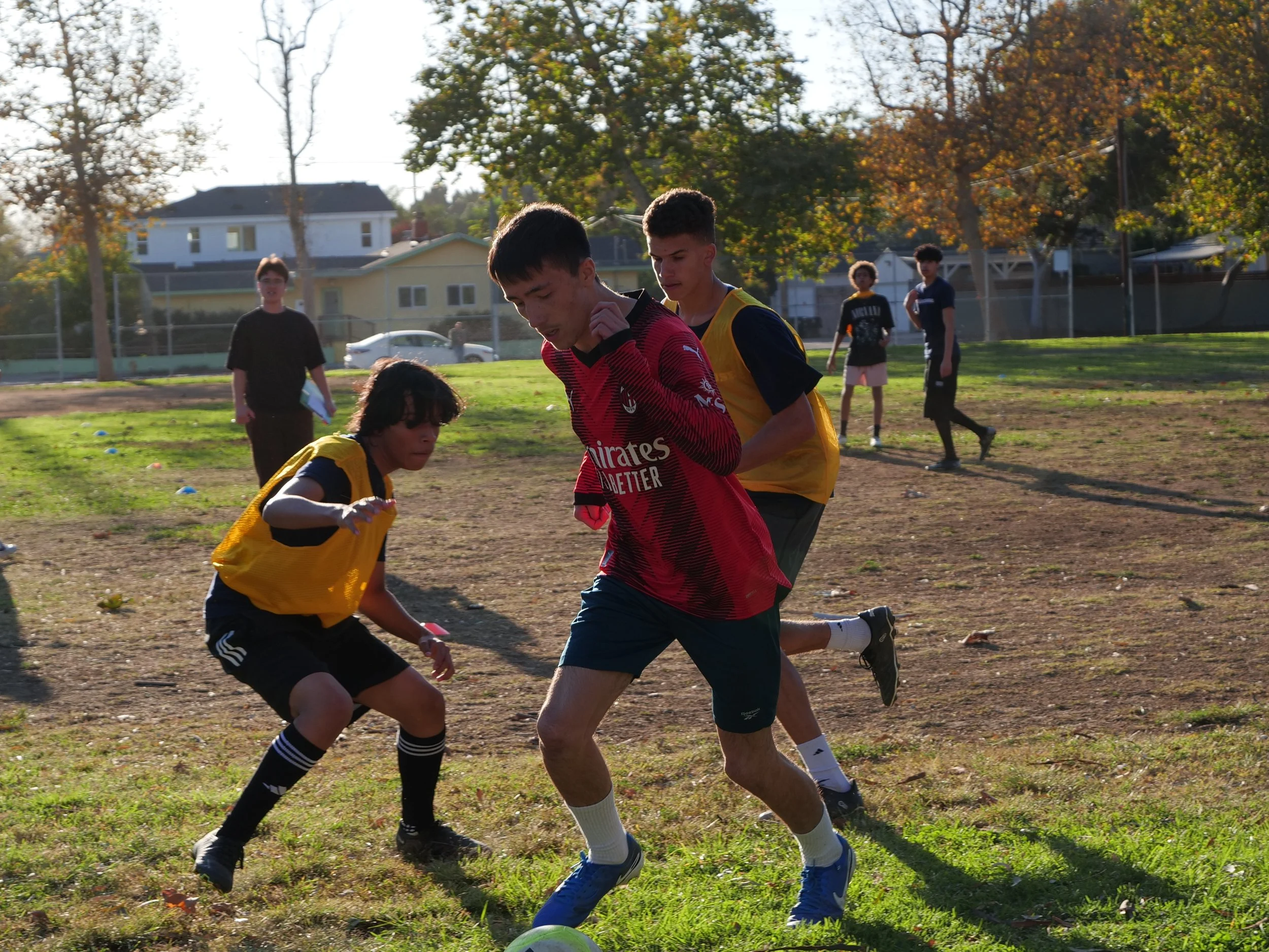 Group of young boys playing soccer on a grassy field with trees and houses in the background.