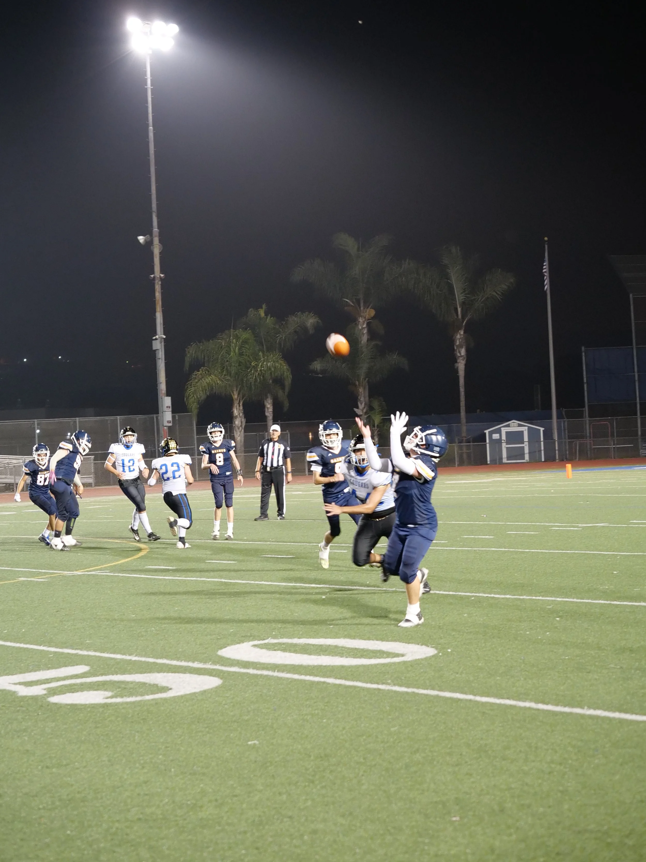 A nighttime football game with players in navy blue and white uniforms on a green field, with a ball in mid-air and players jumping to catch it. Tall stadium lights illuminate the scene, with palm trees and a dark sky in the background.