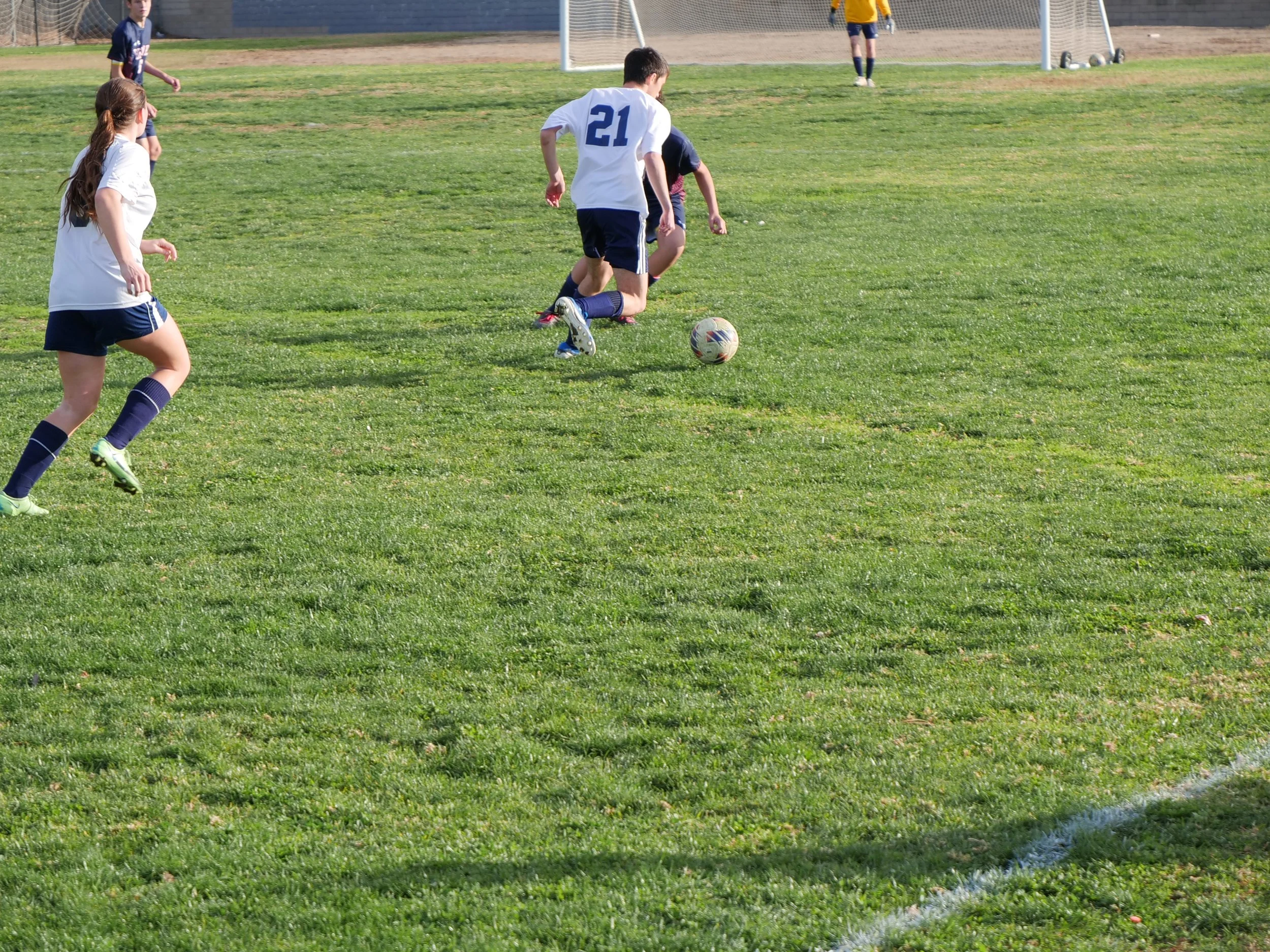 Children playing soccer on a grassy field, one child kicking the ball while others watch.