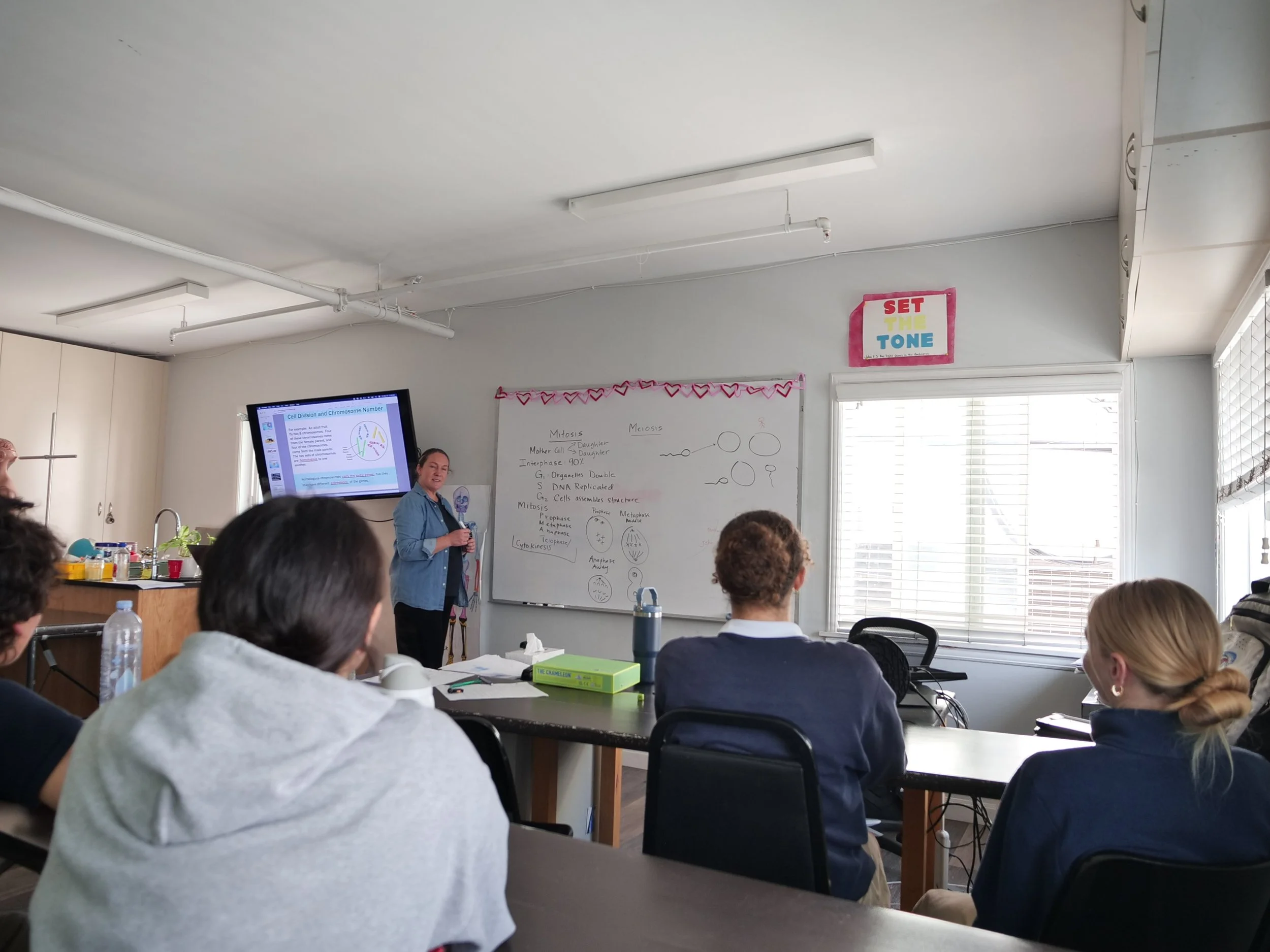 A classroom with students seated around tables, a teacher standing next to a whiteboard, and a screen displaying a presentation on cell division and chromosomes.