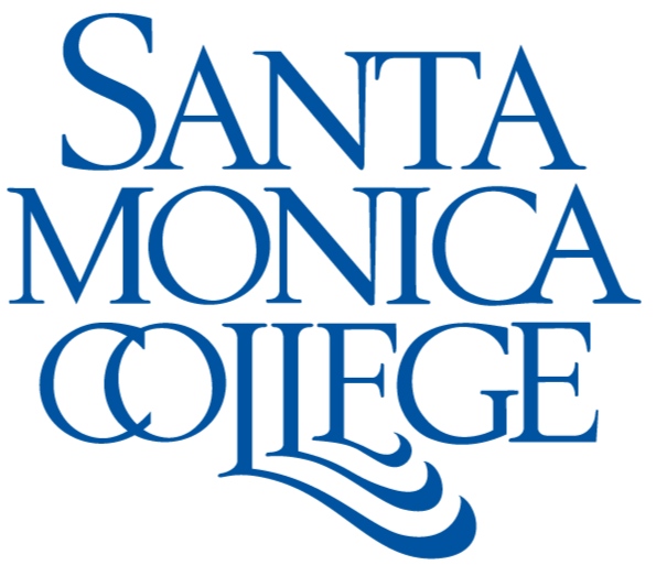 Santa Monica College logo in blue text with decorative swirls under the words.