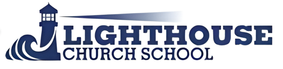 Logo of Lighthouse Church School featuring a lighthouse with light beam and waves.