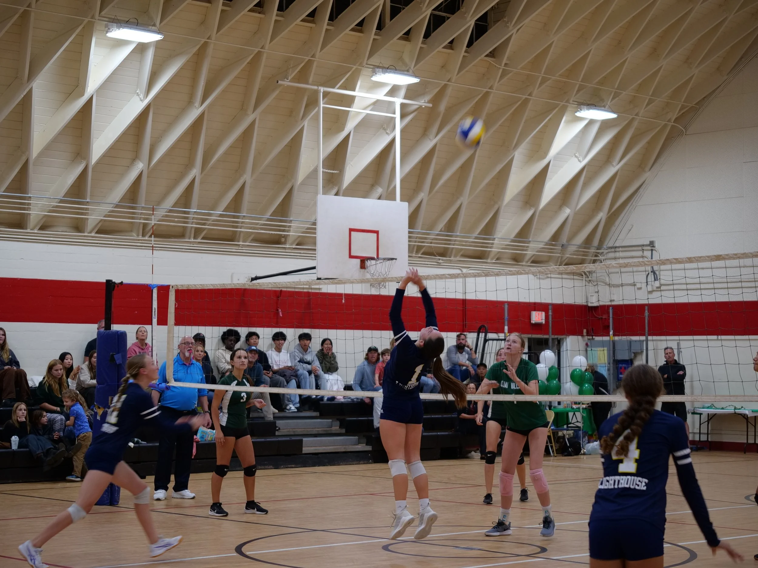 A volleyball game is taking place in an indoor gymnasium with a crowd of spectators watching. The focus is on players on the court, one in black uniform hitting the ball over the net while others prepare to receive or defend. The gym has a high wooden ceiling with lights, a basketball hoop, and a group of people seated on the bleachers.
