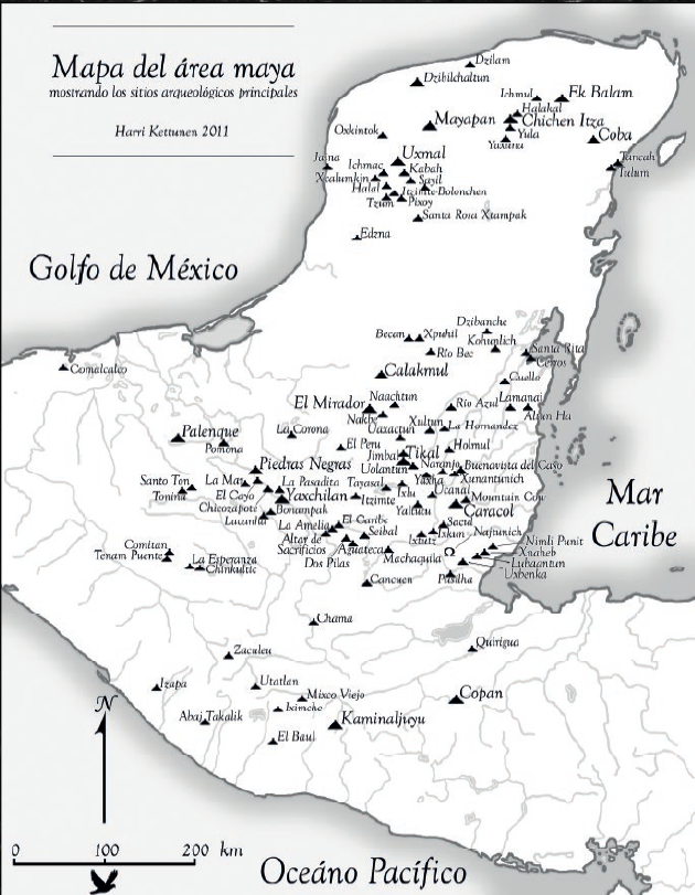 Map of the Maya archaeological sites in Mexico, showing locations around the Yucatán Peninsula, Gulf of Mexico, and Pacific Ocean.
